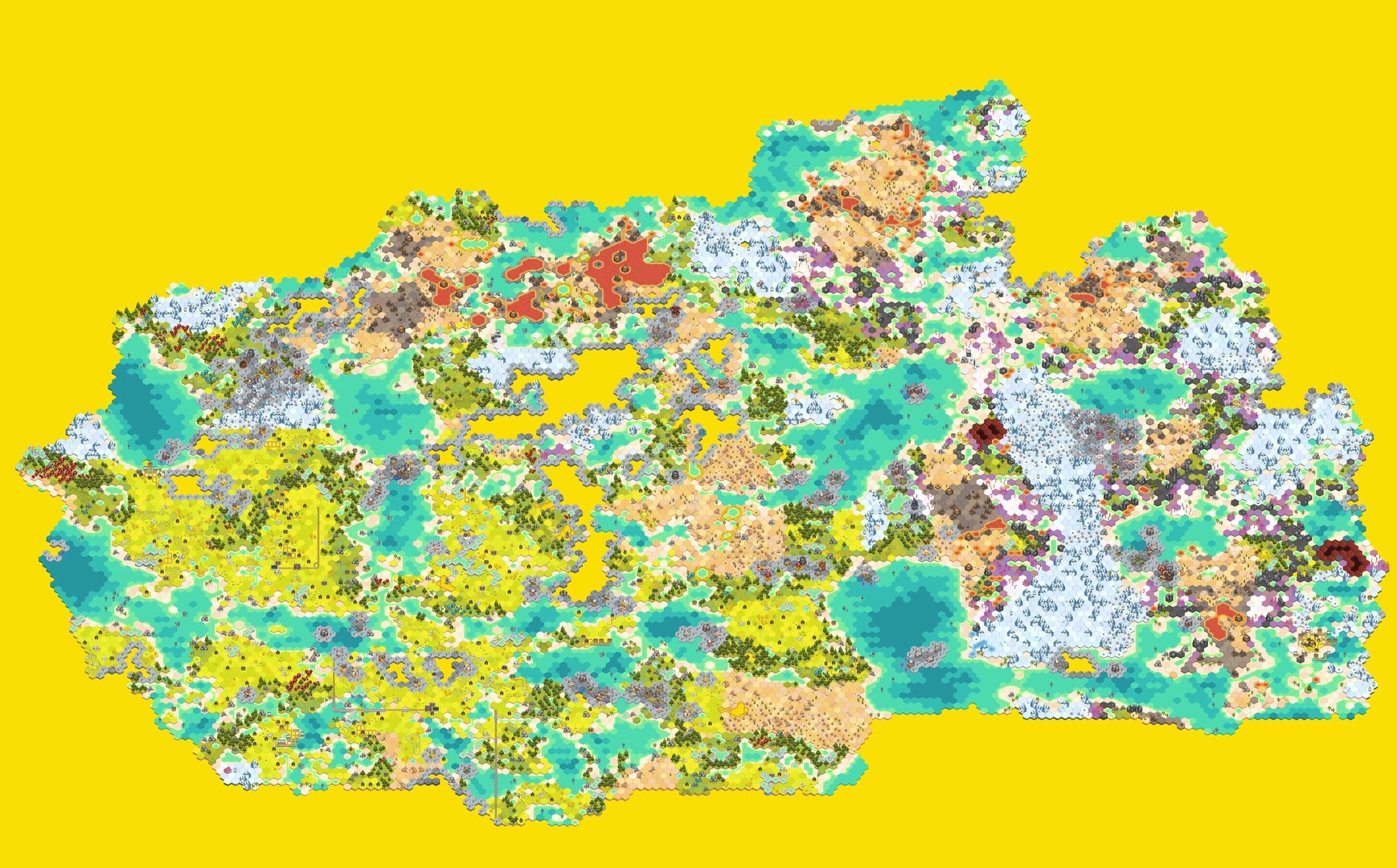 Dungeon Sweeper Plus: Full world map uncovered with lakes, deserts, forests, and snowy regions on hex tiles.
