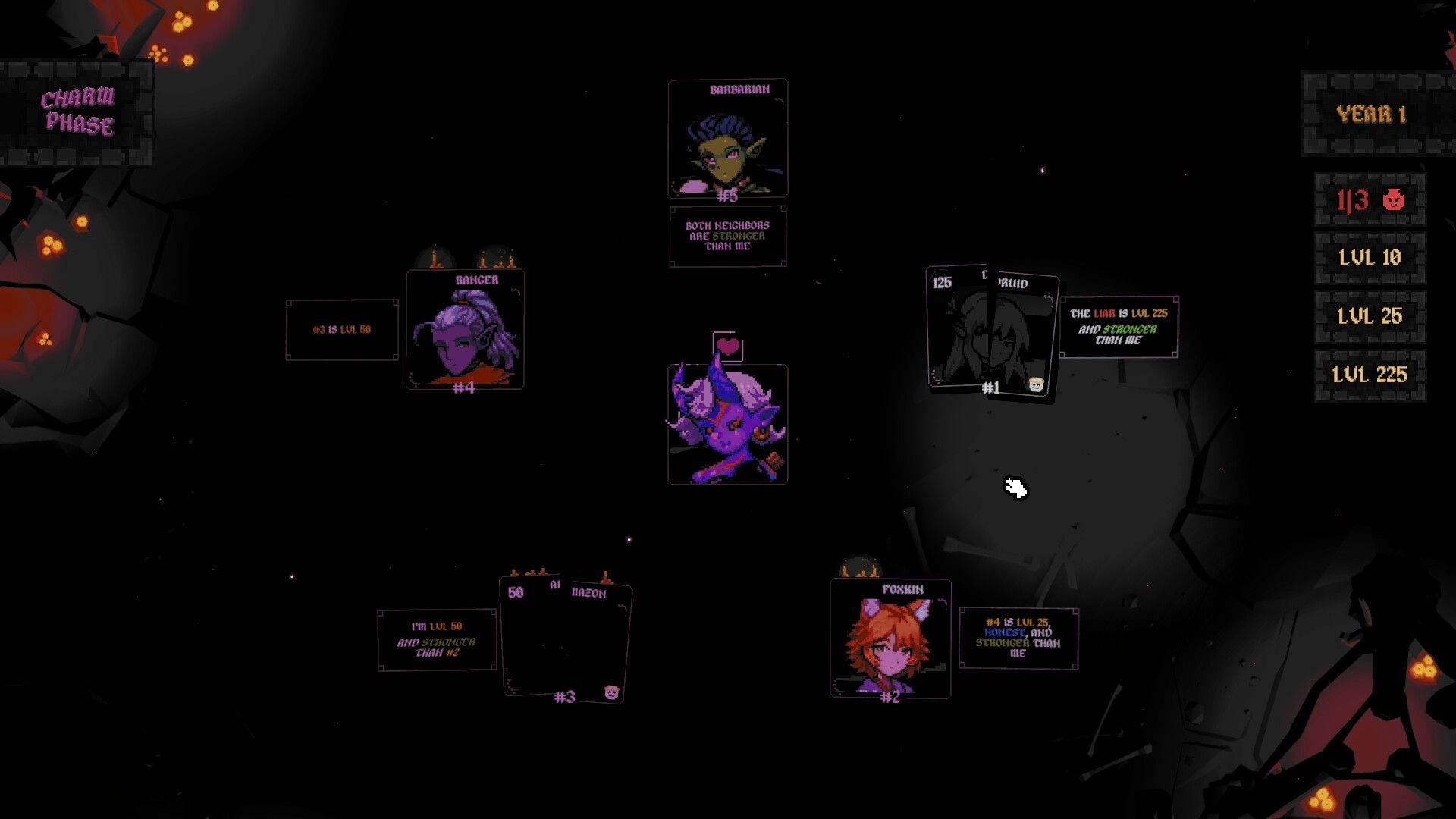 Dungeon Tells: Charm phase card interface with hero portraits and stat notes on a dark cavern backdrop.