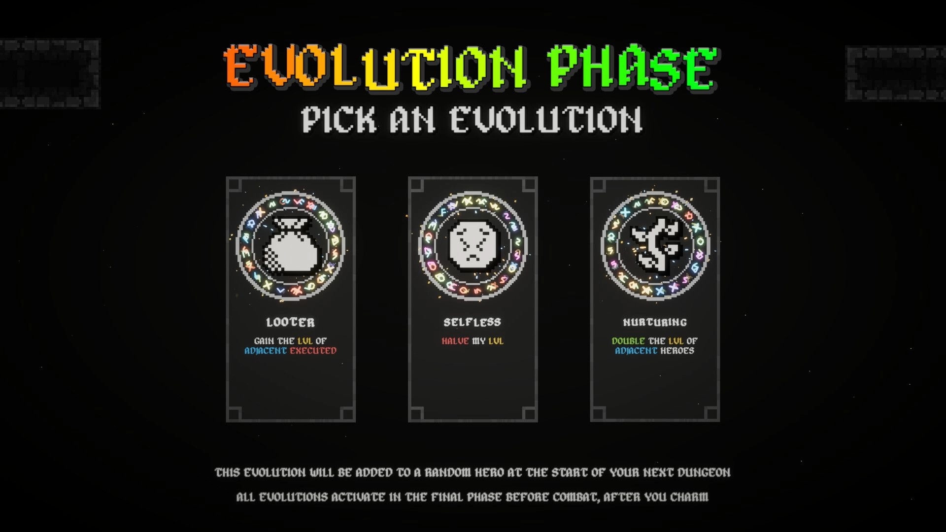 Dungeon Tells: Evolution Phase selection screen with three perk cards, Loiter, Selfless, Nurturing menu.