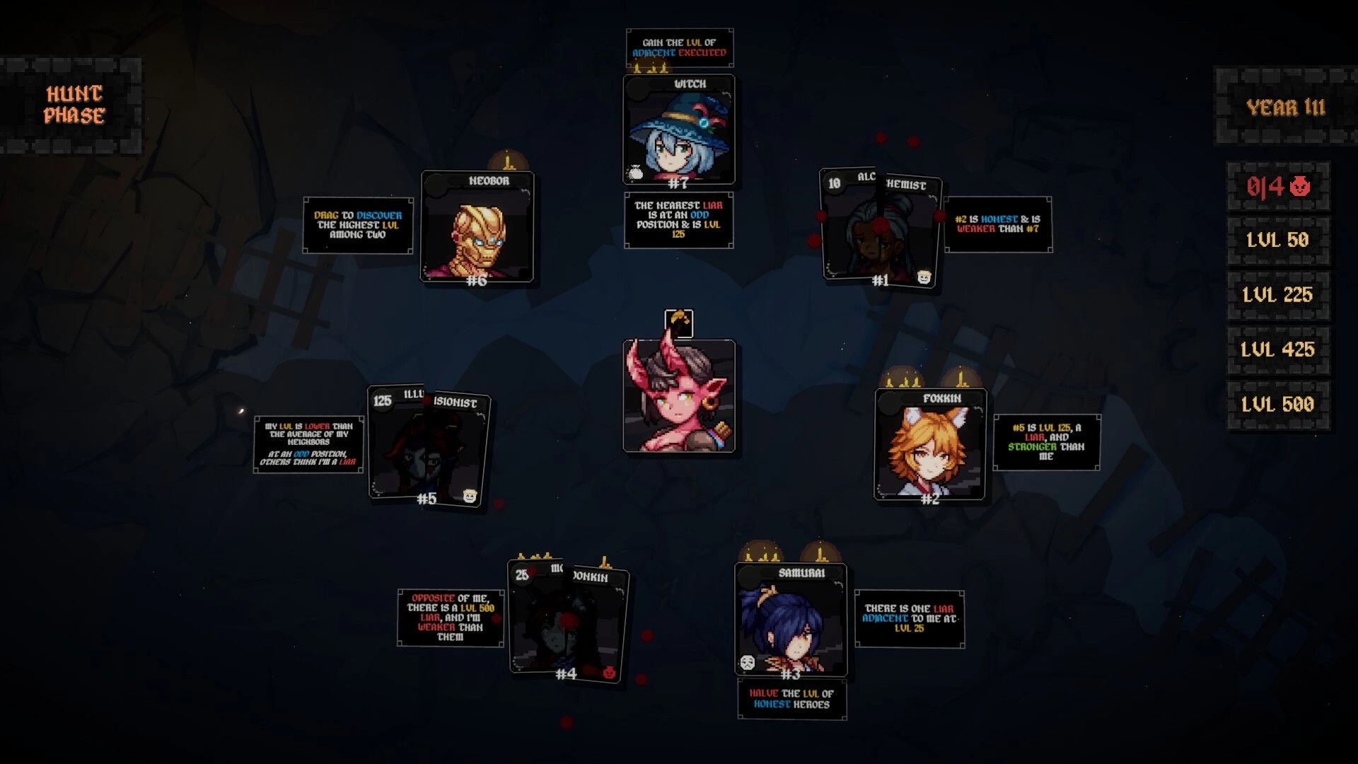 Dungeon Tells: Hunt Phase mind-reading card layout with hero portraits, clues, and level panel UI in cave.