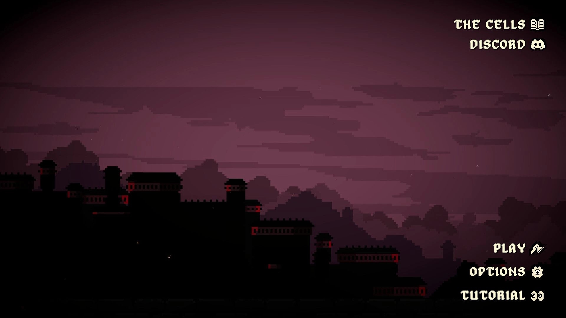 Dungeon Tells: Main menu with Play, Options, Tutorial buttons over a dark castle skyline at dusk.