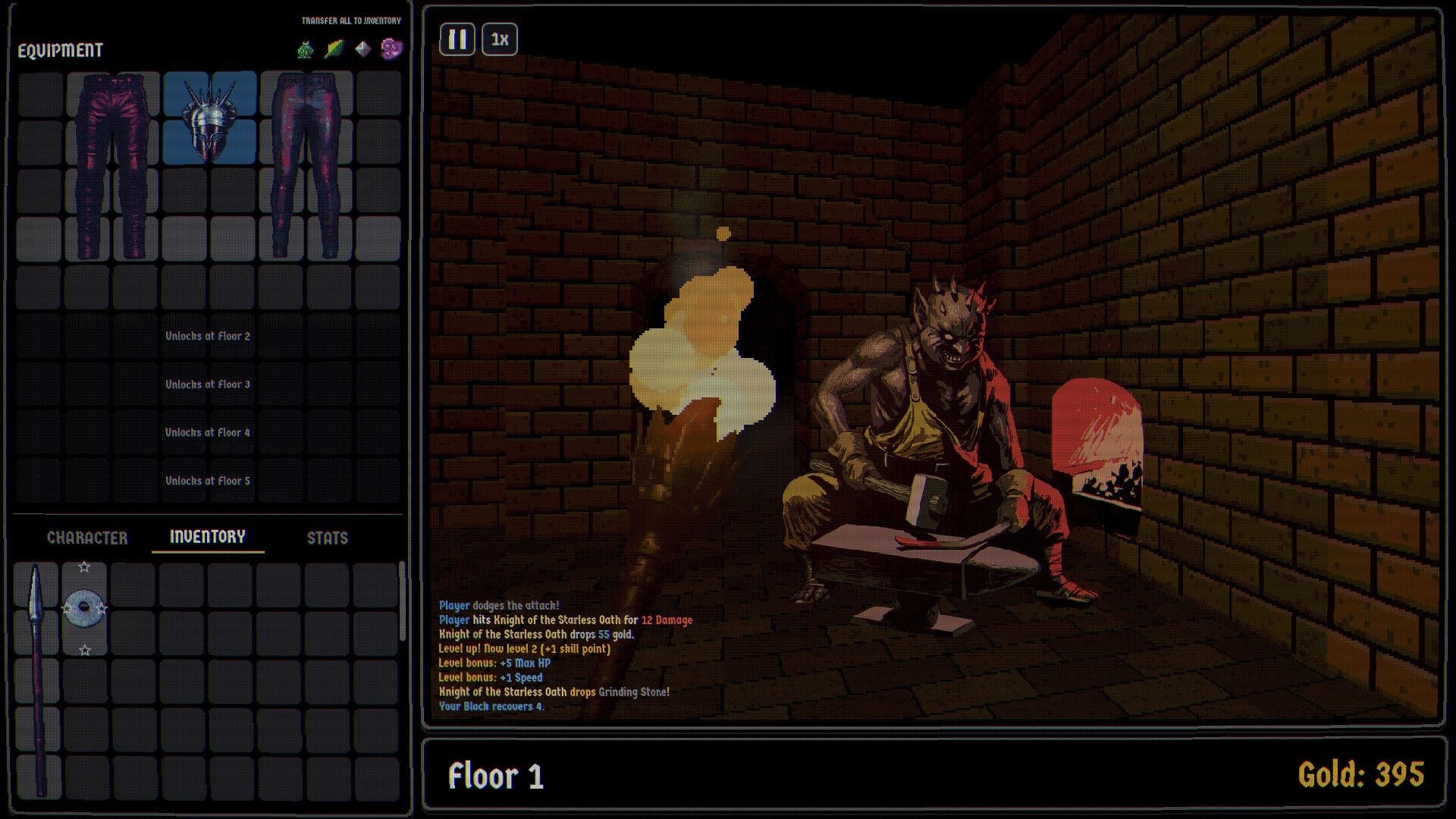 Dungeonbound: Inventory and equipment UI open beside a brick dungeon room with a crouching demon smith.