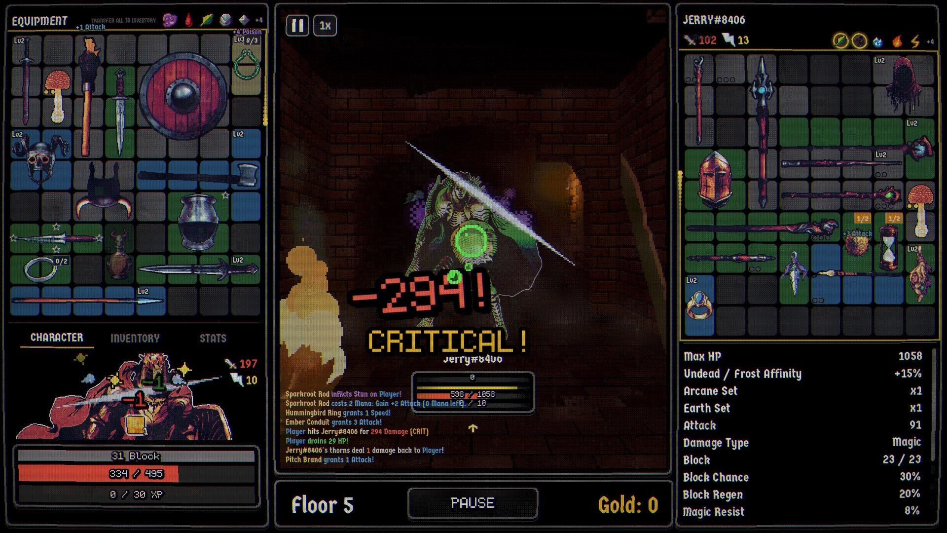 Dungeonbound: Critical hit for 294 damage in brick corridor combat, with equipment grids and stats panels.
