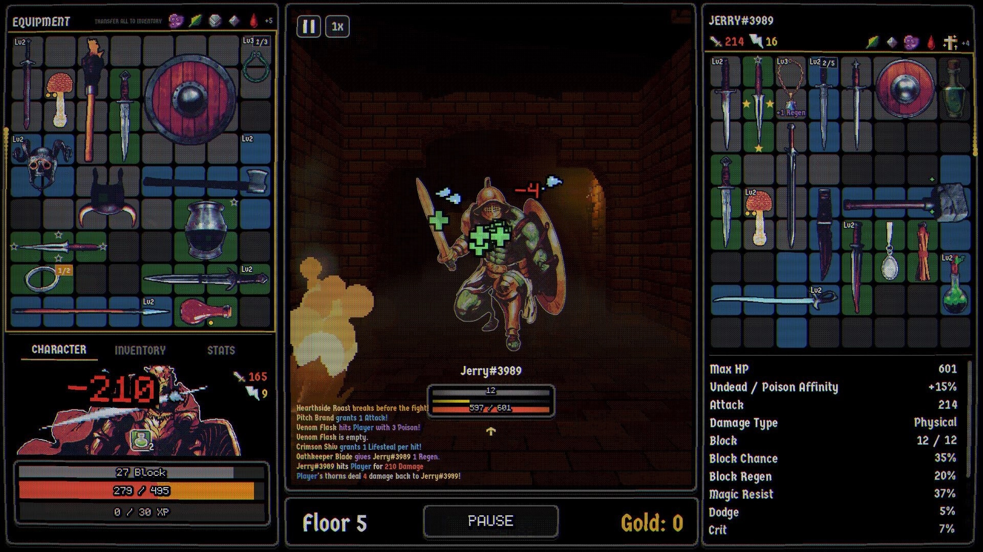 Dungeonbound: Jerry#3989 battles a shielded foe while equipment inventories flank a brick corridor.