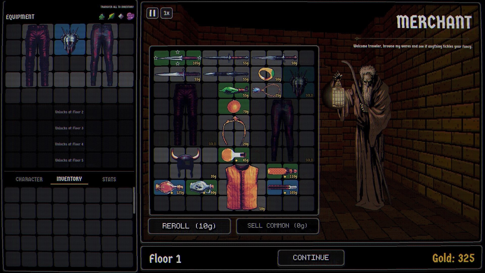 Dungeonbound: Merchant shop inventory grid with weapons and gear prices in a torchlit brick corridor.