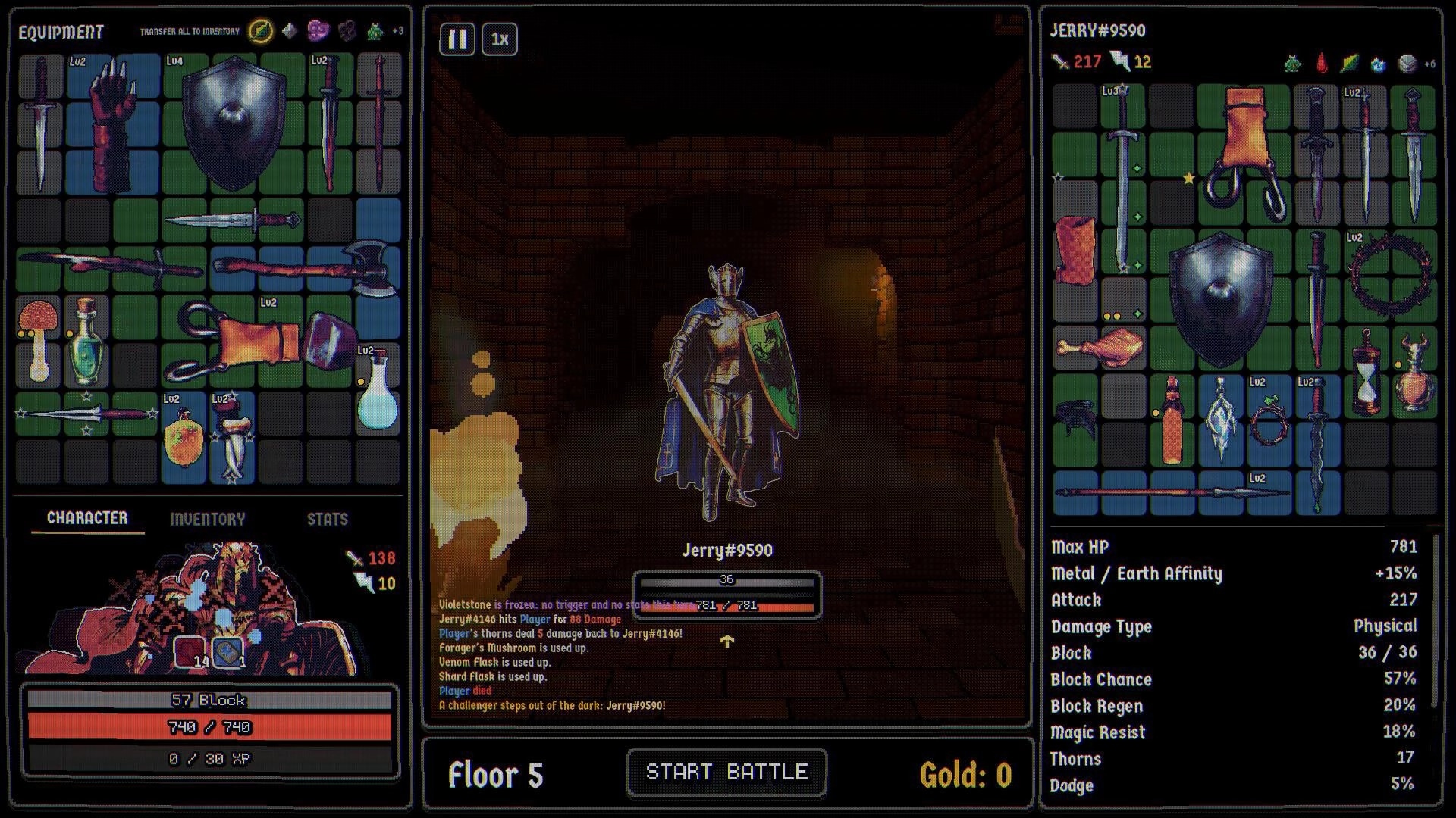 Dungeonbound: Armored knight readies for battle in brick corridor, flanked by equipment grids and stats UI.