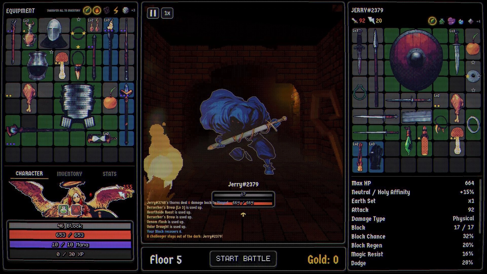Dungeonbound: Equipment and stats menus flank a hooded rogue challenger in a torchlit corridor battle prep.