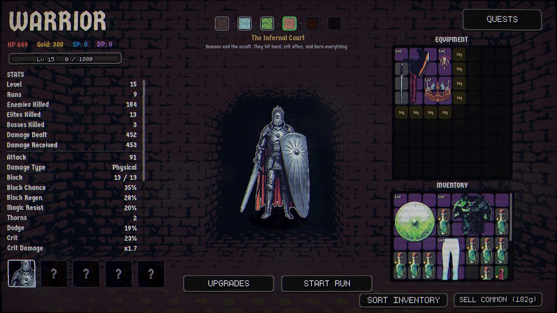 Dungeonbound: Warrior loadout screen with stats, equipment grid and inventory items in stone corridor.