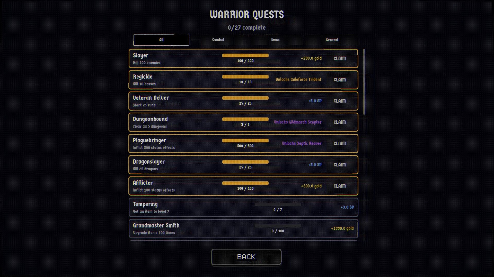 Dungeonbound: Warrior quests menu with progress bars and claim buttons on a dark UI screen.