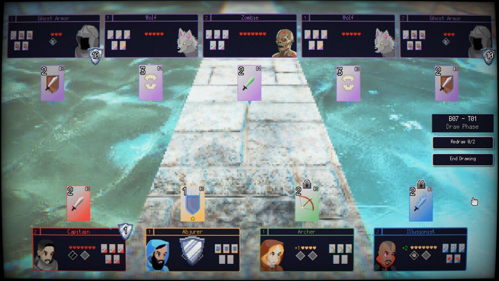 Dungeonmancer: Draw phase combat UI with hero and enemy panels, cards on a stone bridge over water.