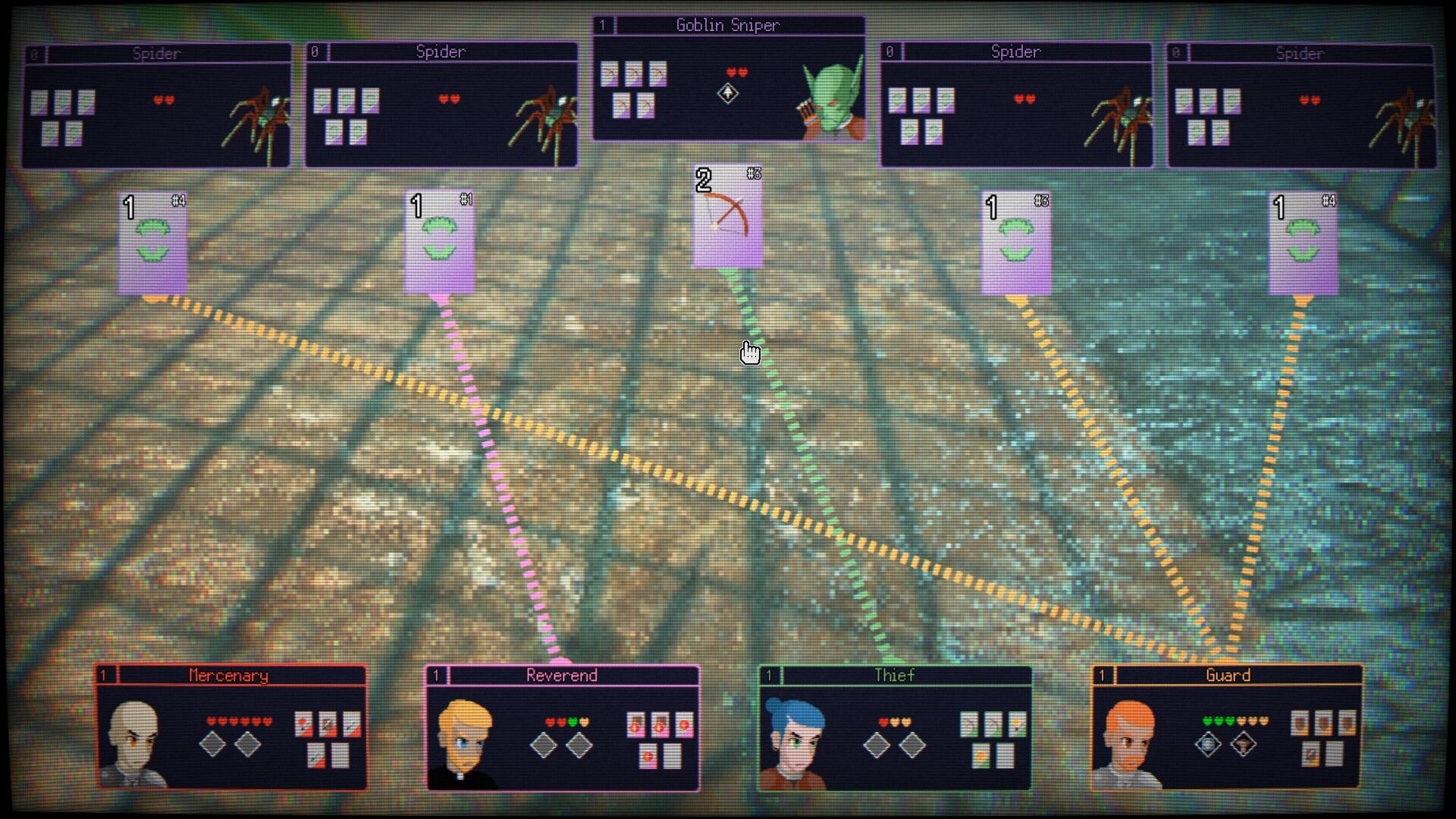 Dungeonmancer: Battle UI linking heroes to spiders and a goblin sniper across a tiled dungeon floor.