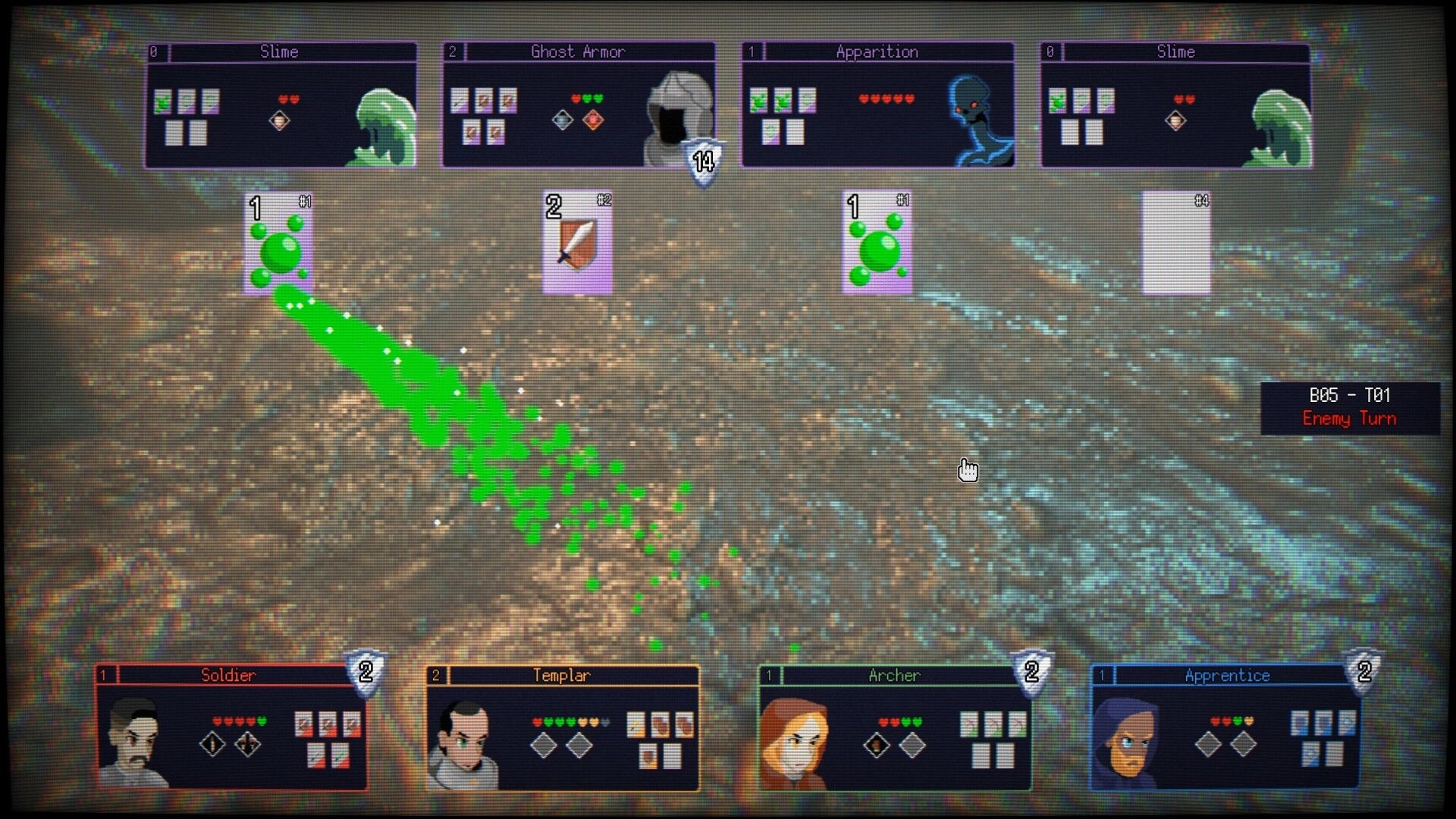 Dungeonmancer: Enemy turn in card combat with slimes and apparitions, four heroes at bottom UI.
