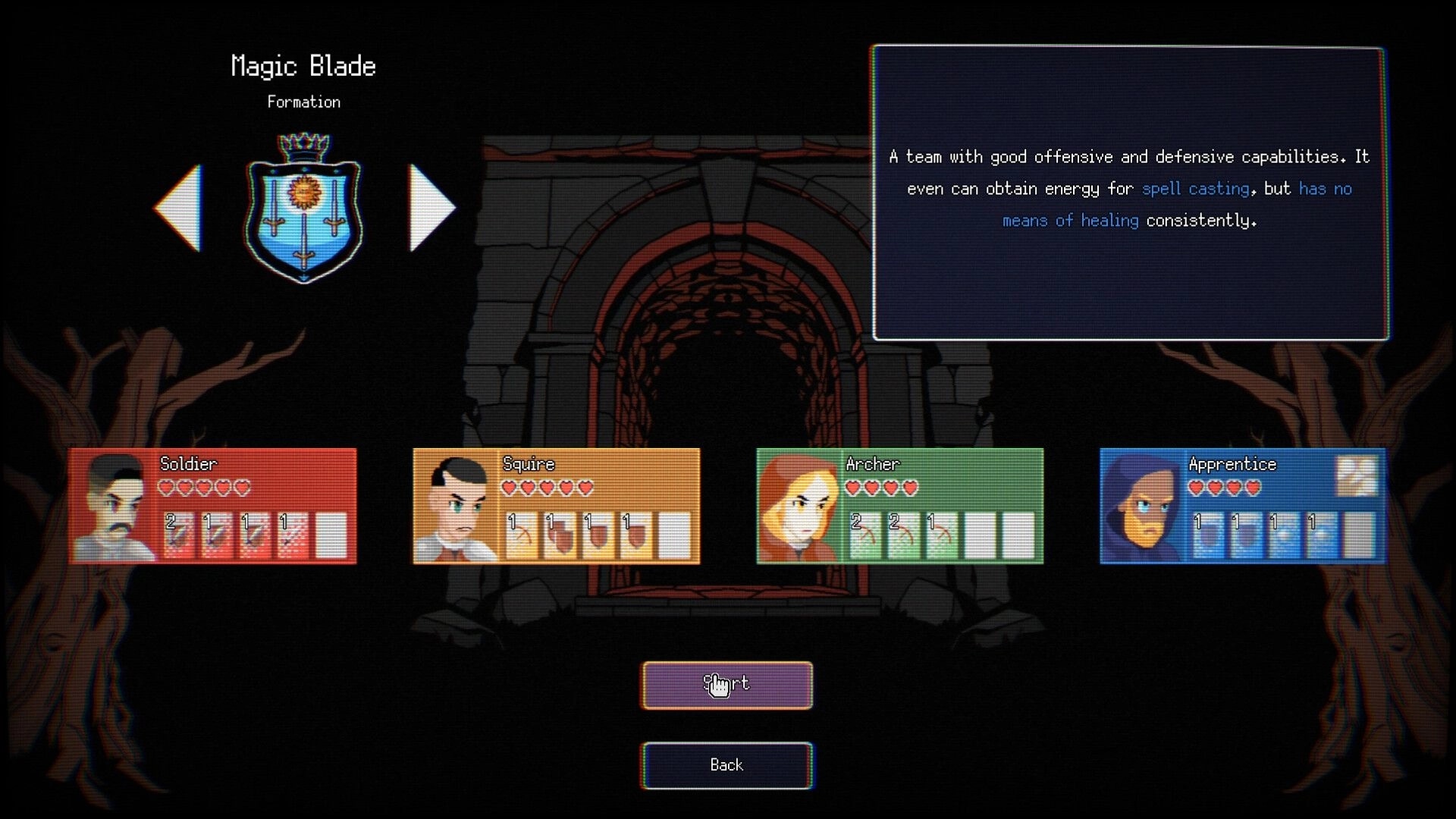 Dungeonmancer: Magic Blade formation screen with four hero cards and start button before dungeon gate.
