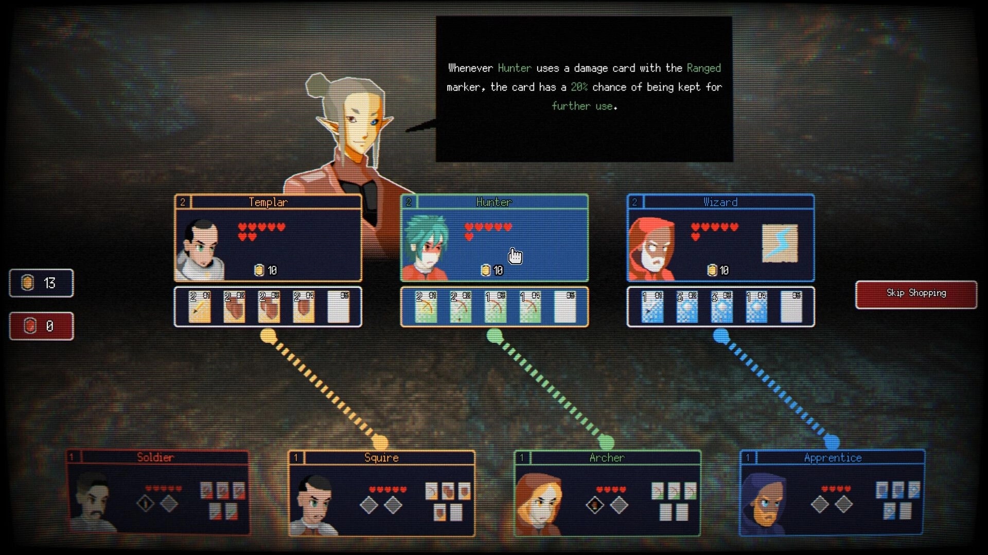 Dungeonmancer: Hero upgrade shopping screen with Templar, Hunter, Wizard cards and Skip Shopping button.