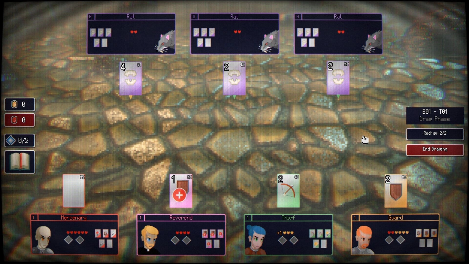 Dungeonmancer: Draw phase combat UI facing three rats, with Mercenary, Reverend, Thief, Guard panels.