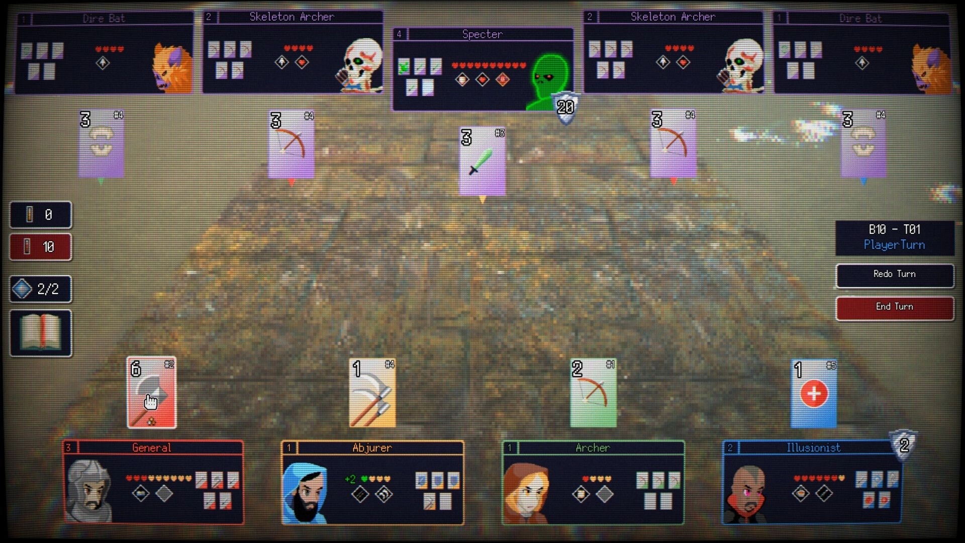 Dungeonmancer: Player turn card battle versus bats, skeleton archers, and specter on dungeon bridge UI.