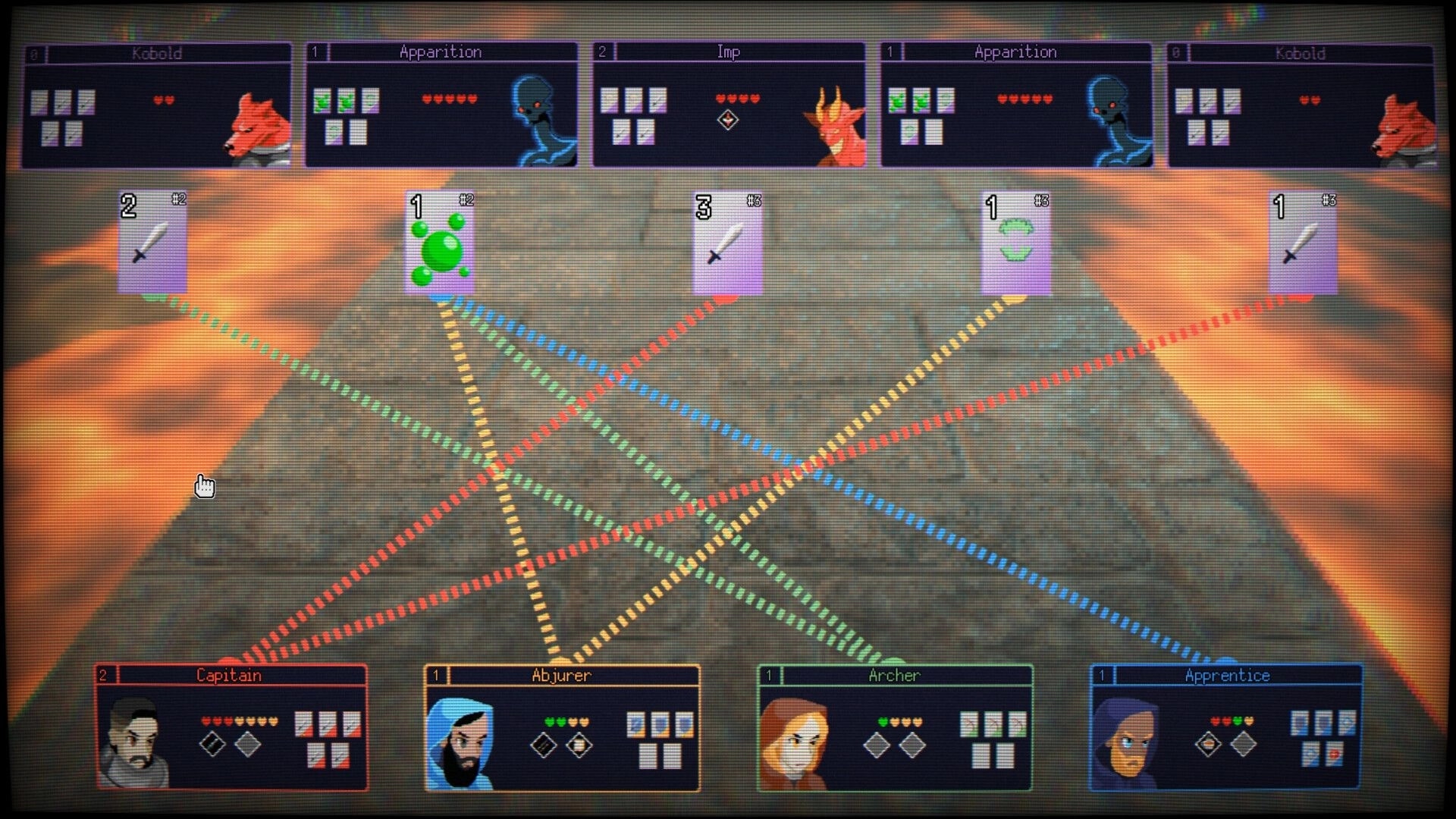 Dungeonmancer: Card battle UI with linked attack lines between heroes and monsters on stone bridge.