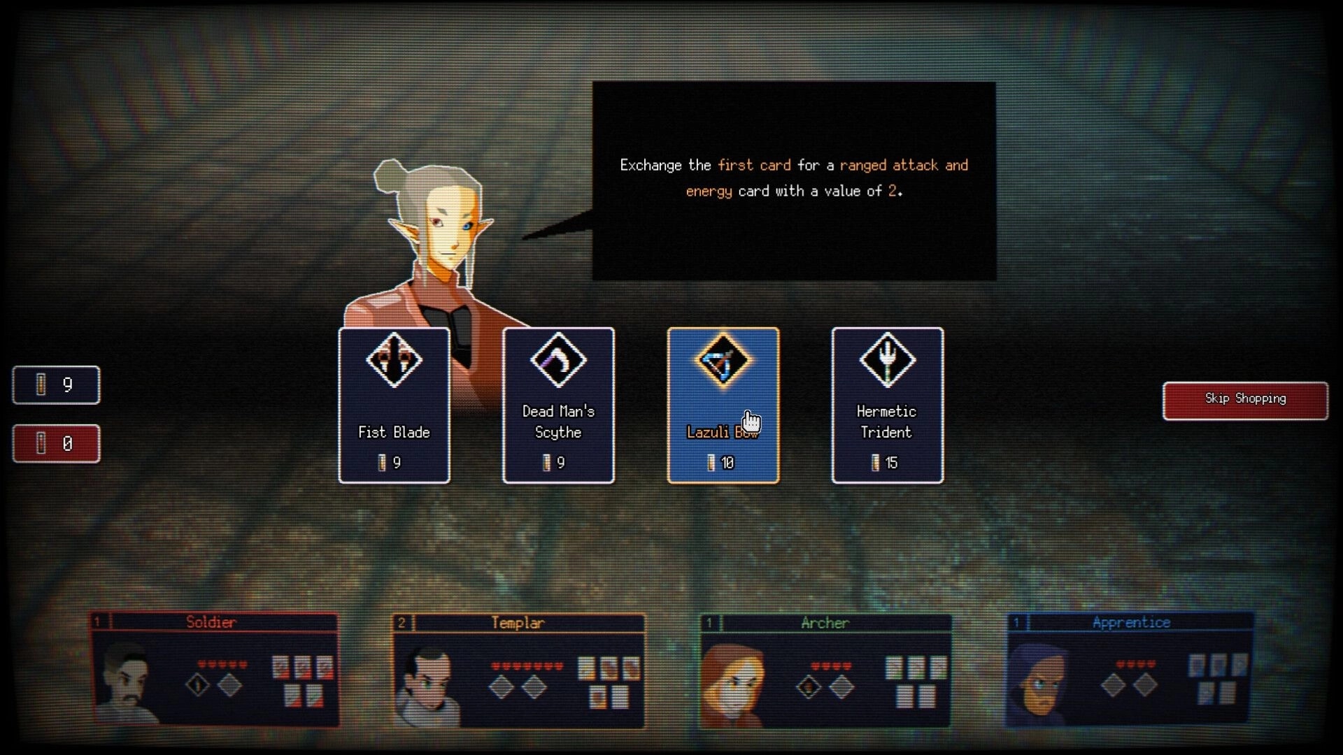 Dungeonmancer: Shop card selection with weapon cards and party panels in a dim dungeon corridor UI.