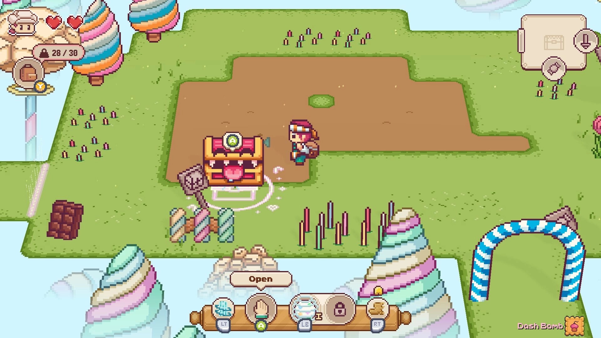 Dungeons & Desserts: Character with backpack near candy chest in colorful candy-themed environment