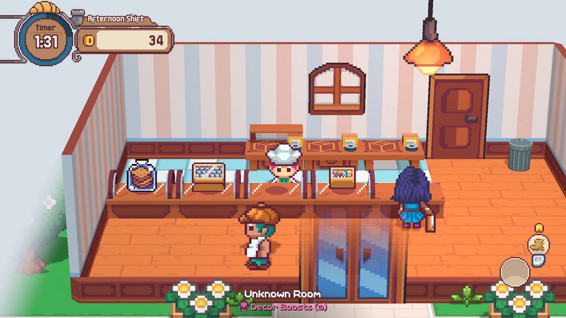 Dungeons & Desserts: Chef behind bakery counter with pastries on display, timer set to afternoon shift
