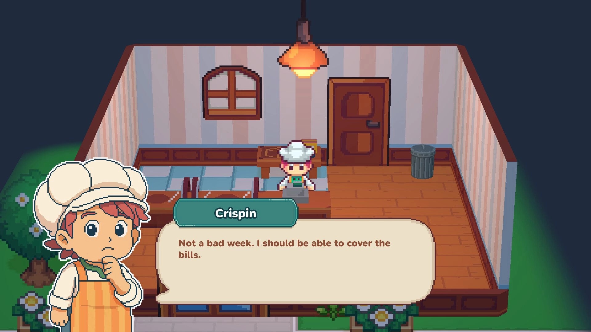 Dungeons & Desserts: Crispin reflects on weekly earnings in a cozy bakery interior with dialogue box.