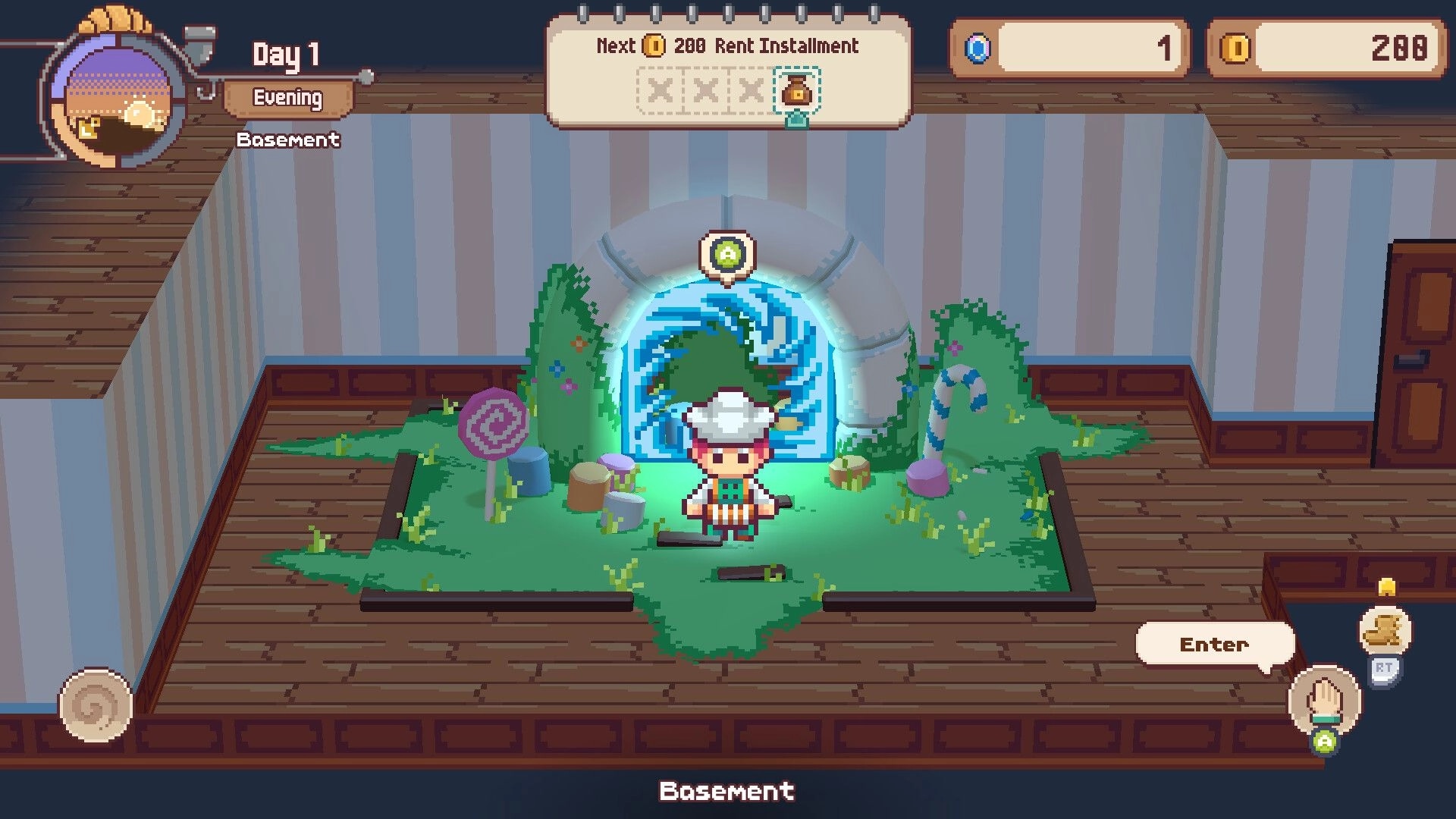 Dungeons & Desserts: Character standing in candy-themed basement with portal and rent details above