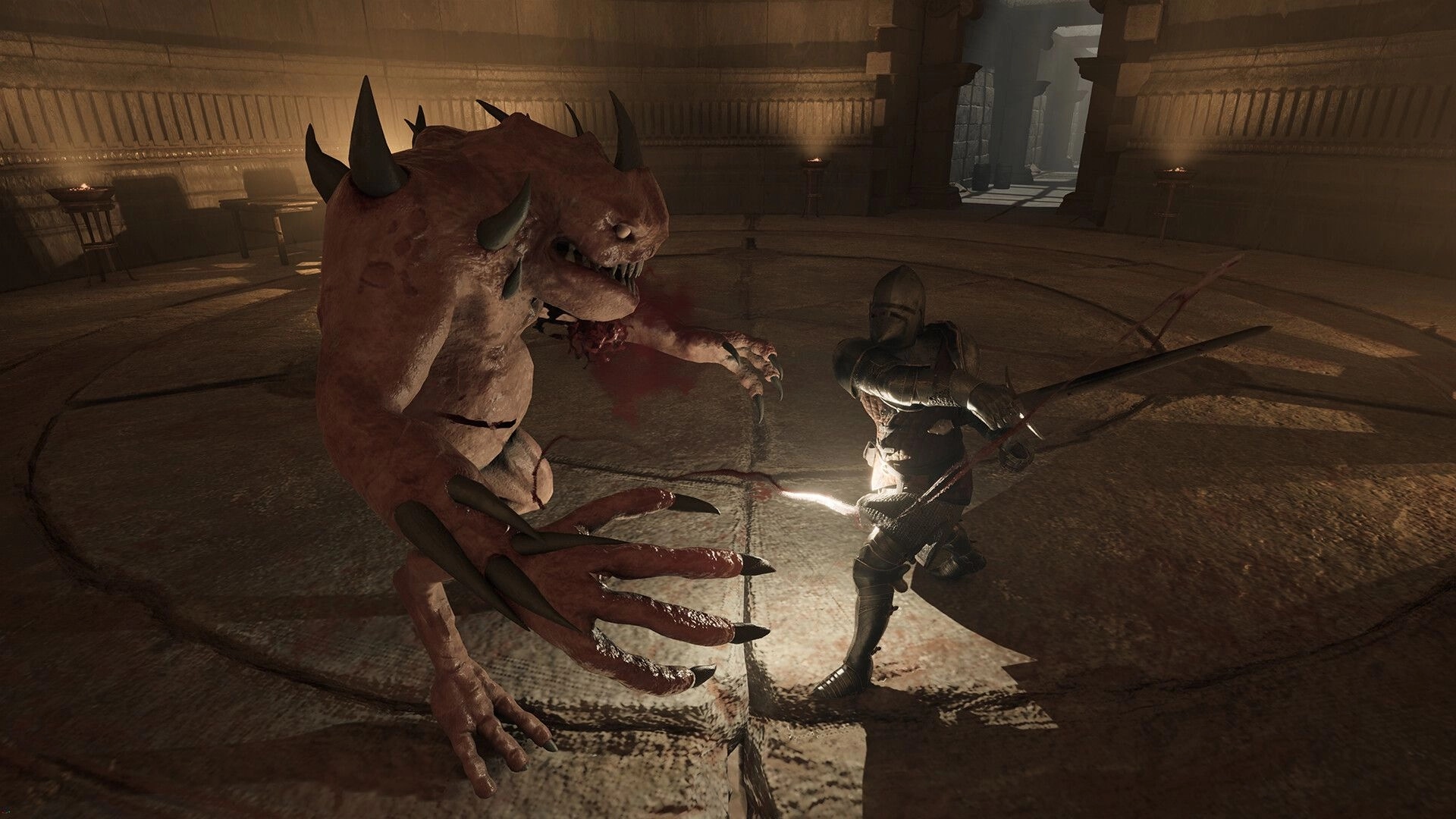 Dungeons Deep: Knight battles a monstrous creature in a dimly lit stone chamber with torches.