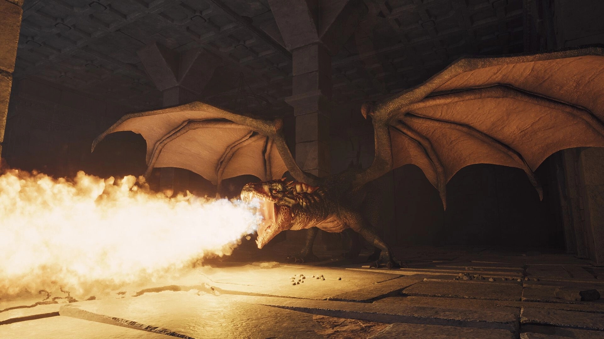 Dungeons Deep: Fire-breathing dragon unleashes flames in a dimly lit stone dungeon chamber