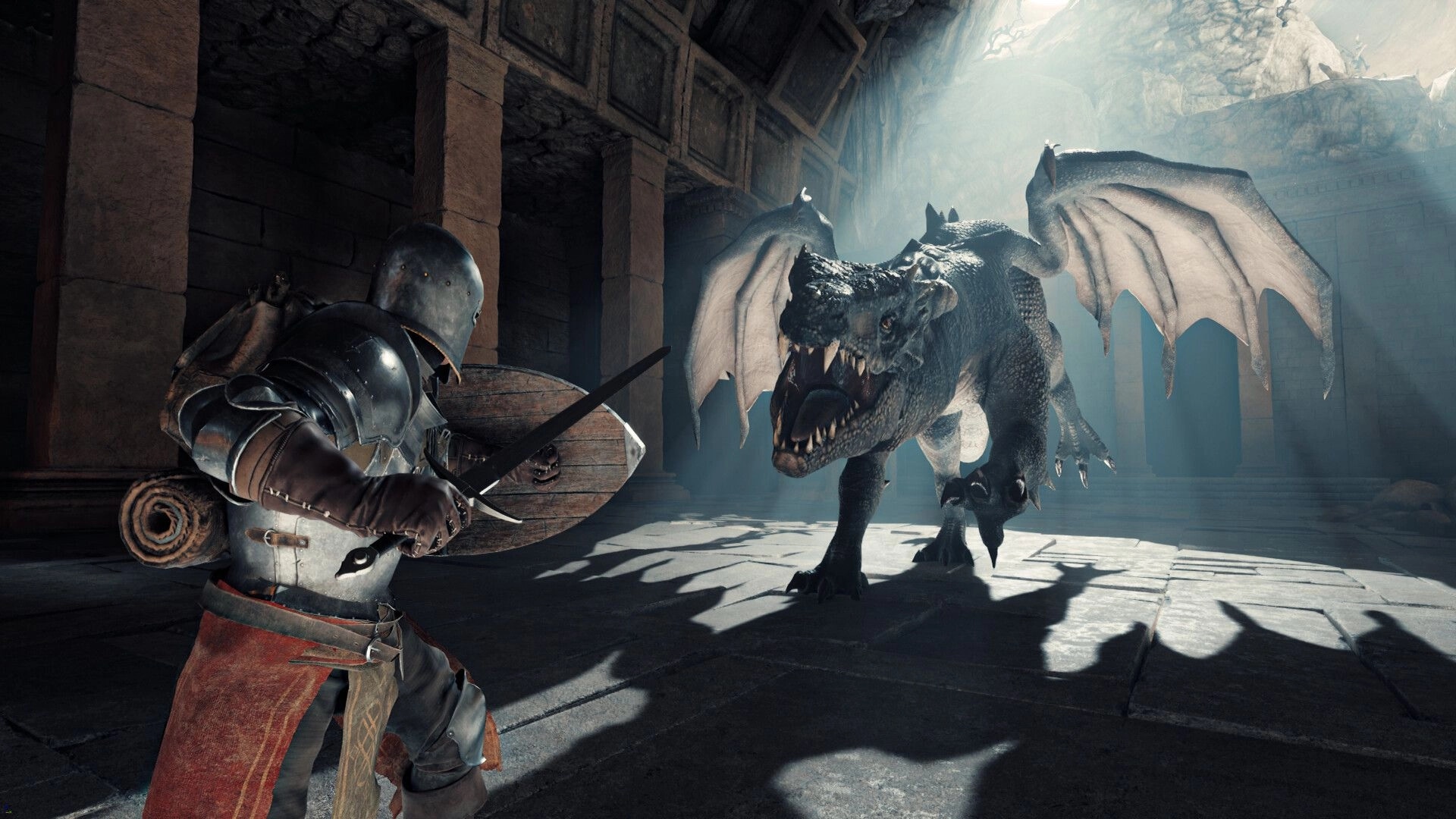 Dungeons Deep: Knight facing a menacing dragon in a sunlit stone chamber with ancient ruins