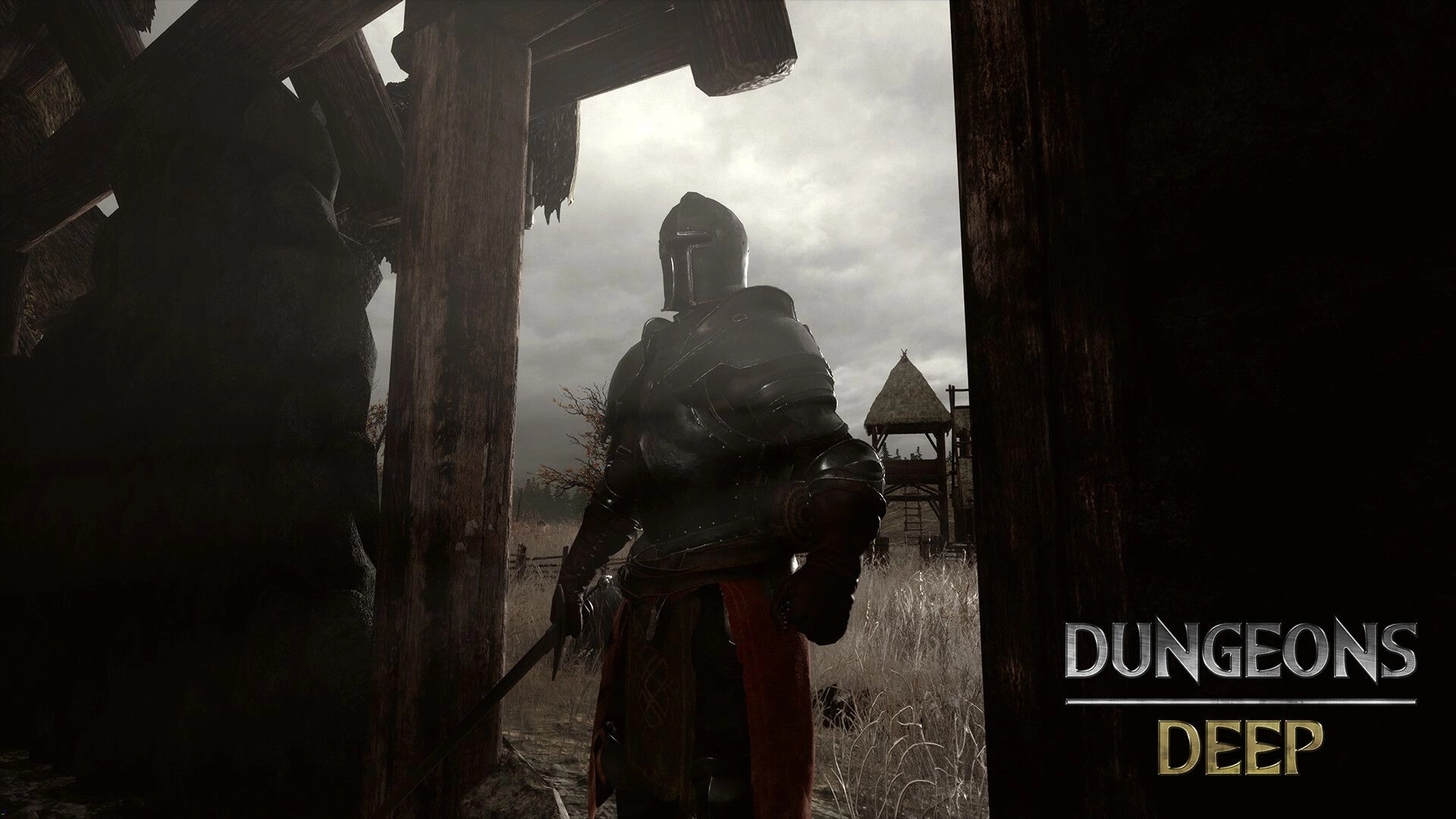 Dungeons Deep: Armored knight stands in shadowy doorway overlooking a misty village landscape.
