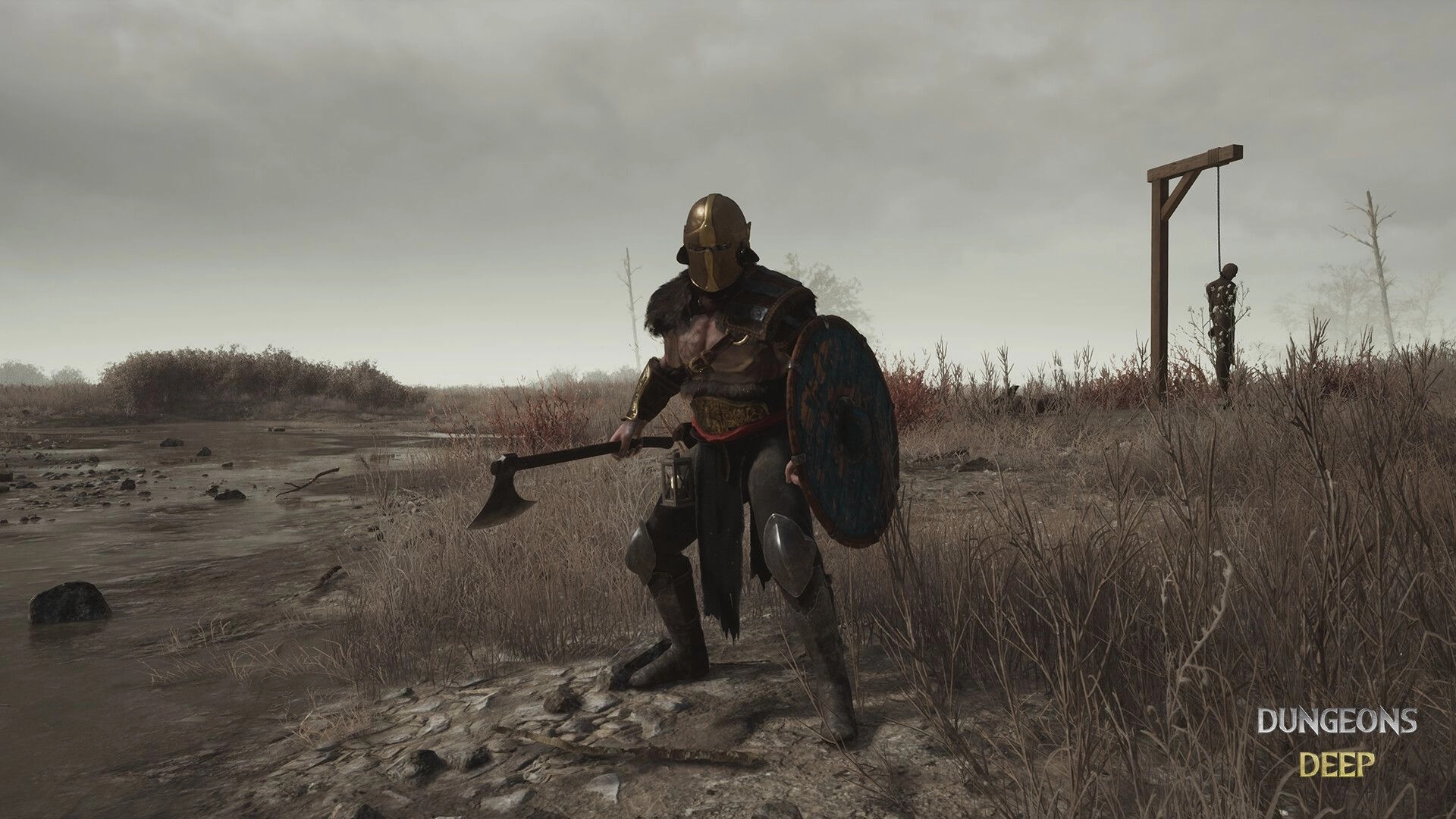 Dungeons Deep: Armored warrior with axe and shield stands in desolate wasteland with gallows nearby