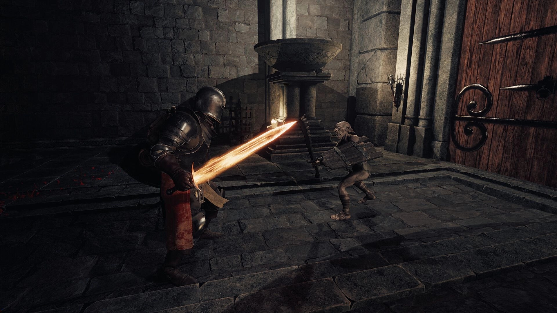 Dungeons Deep: Knight battles goblin in dim stone chamber with glowing sword and large wooden door nearby.