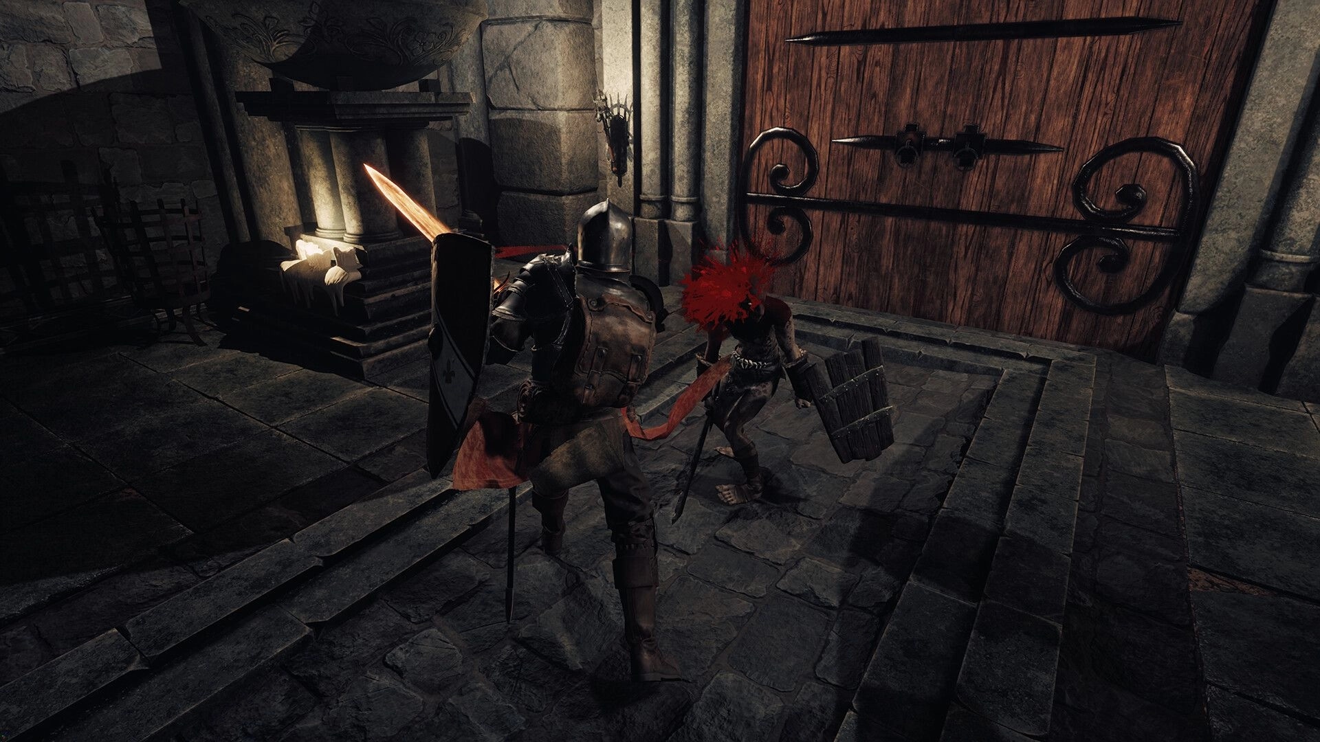 Dungeons Deep: Knight battles goblin in stone chamber with large wooden door in background.