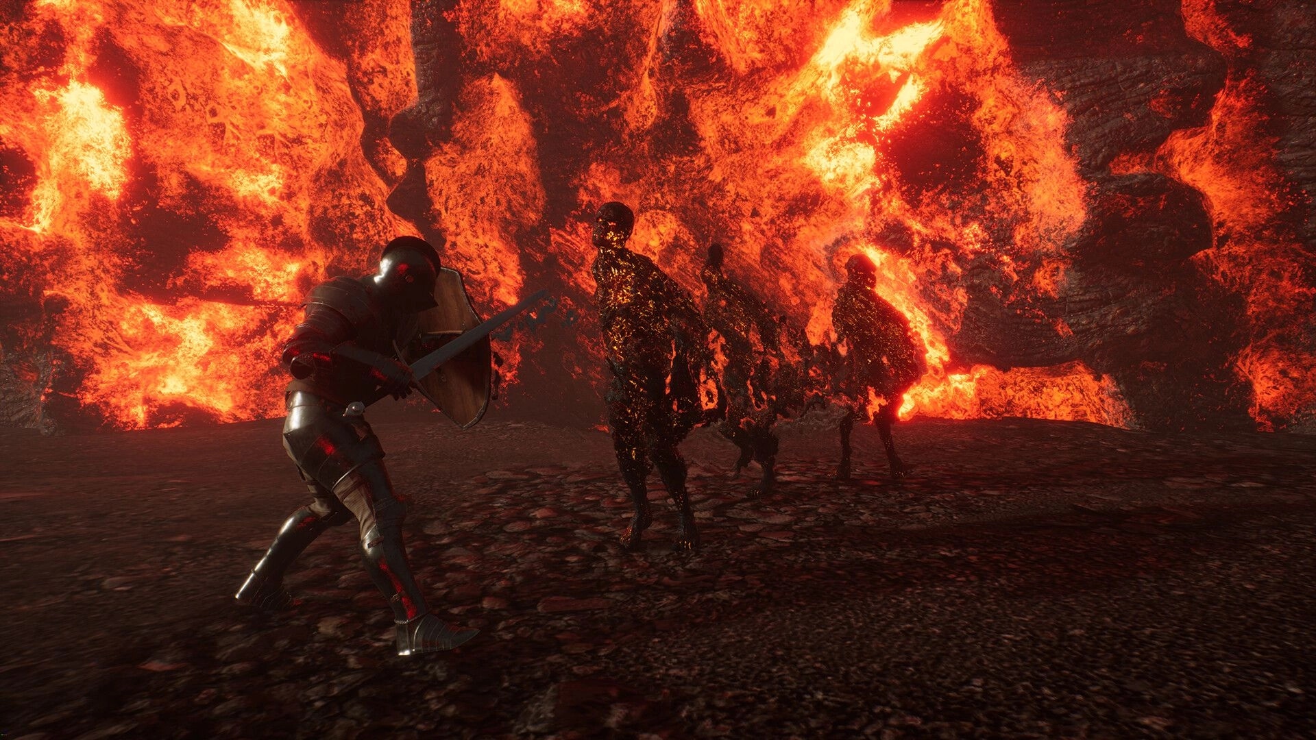 Dungeons Deep: Knight battles fiery creatures in a cavern with glowing lava walls