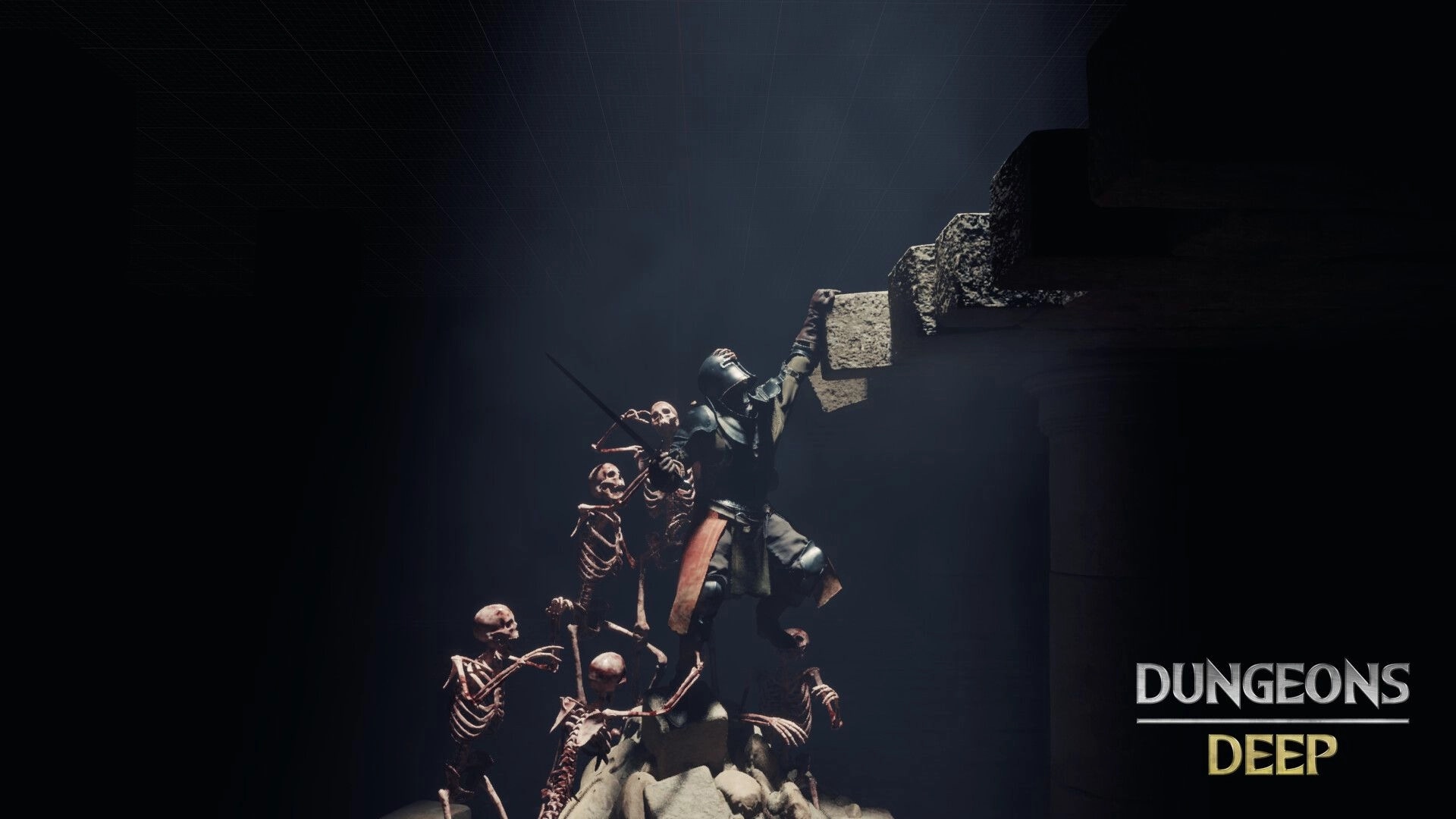 Dungeons Deep: Knight battles skeletons in a dark crypt, gripping ledge for escape amidst ruins.