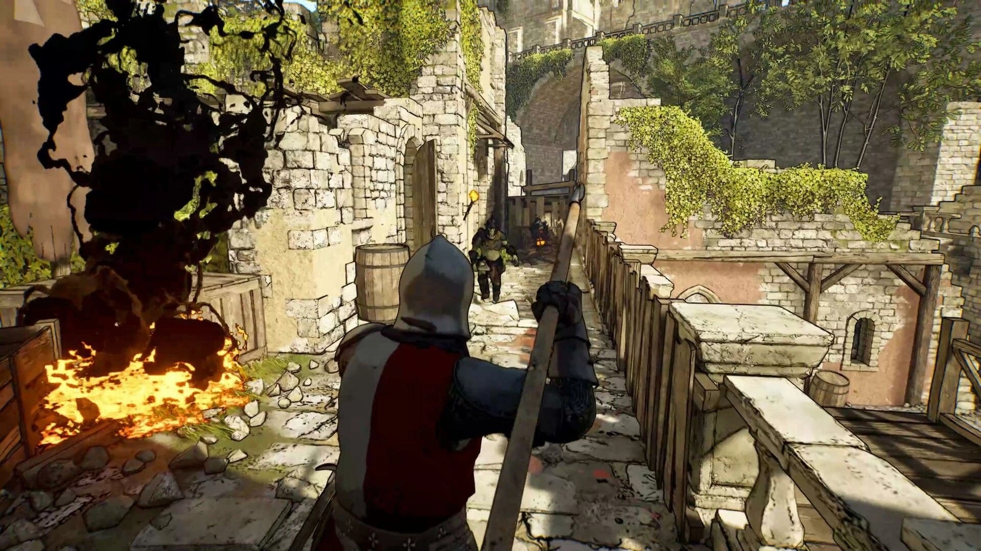 Dungeons of Edera 2: Knight advancing with spear in a sunlit stone alleyway surrounded by ivy-covered walls.