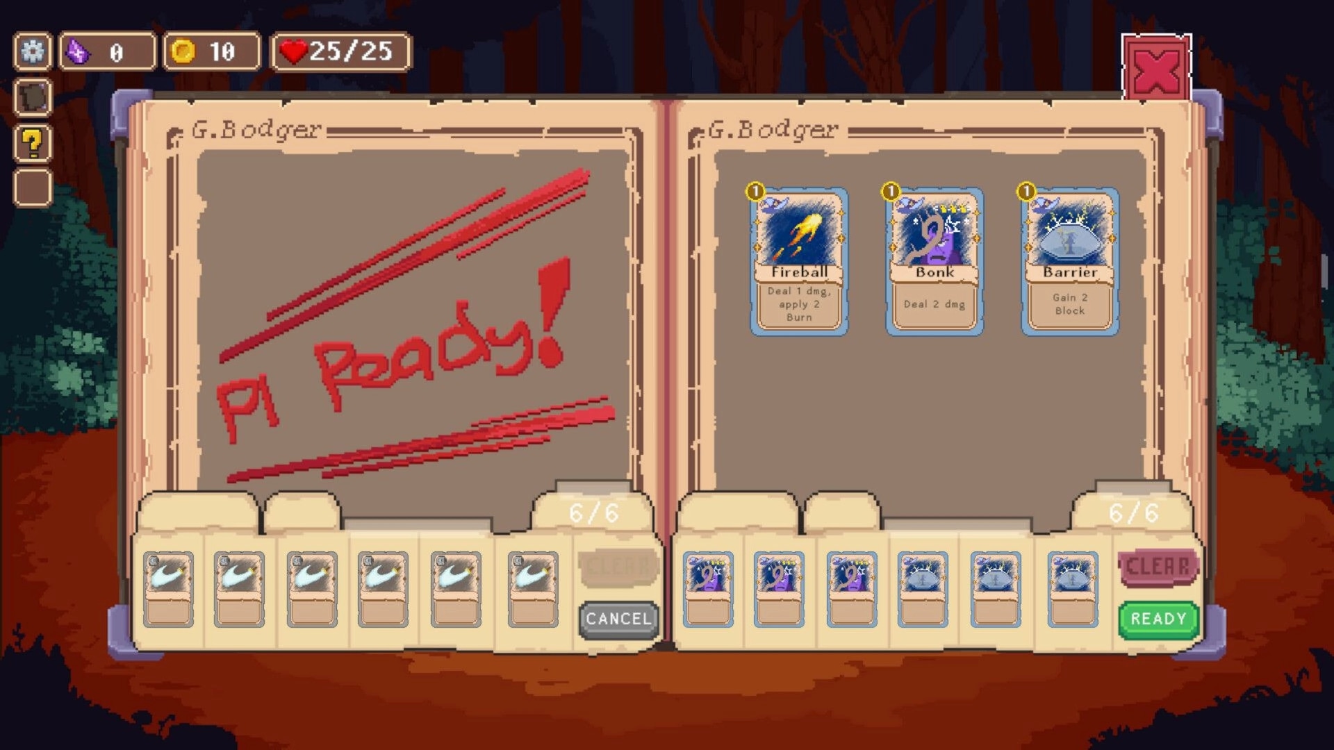 Duo Quest: Player deck building with cards like Fireball, Bonk, and Barrier in a forest setting