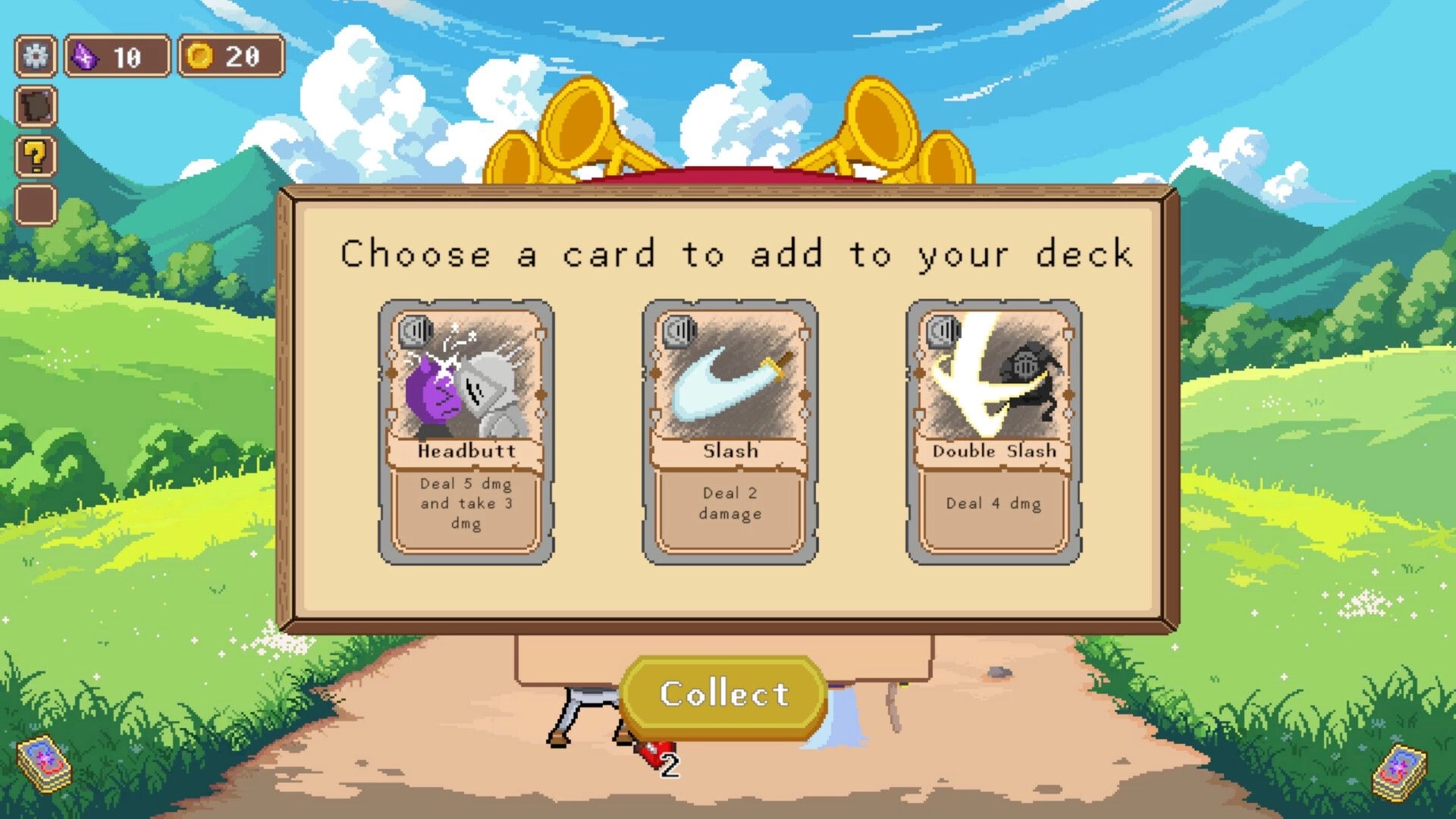 Duo Quest: Card selection interface with options for Headbutt, Slash, and Double Slash on a sunny path