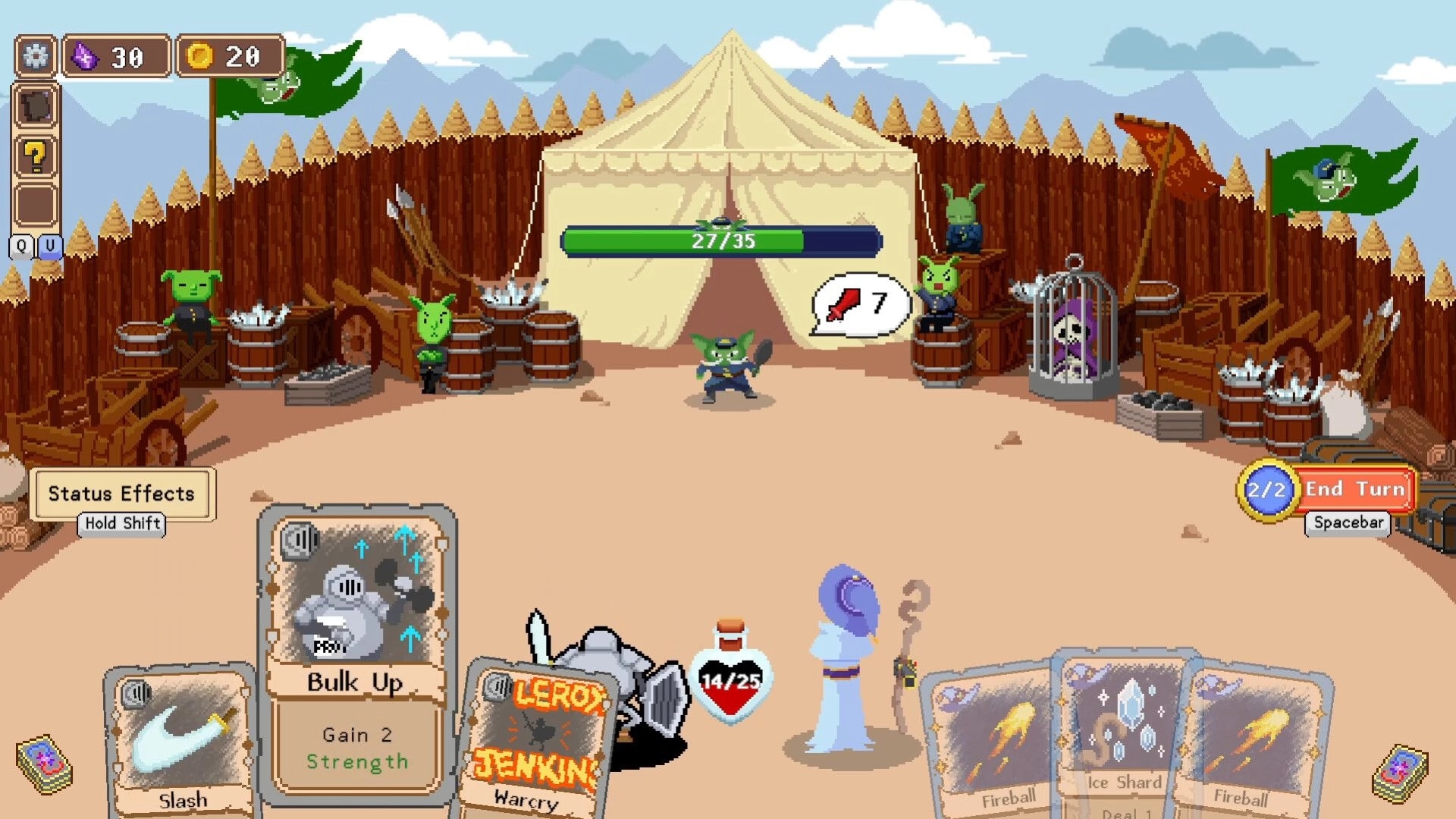 Duo Quest: Combat with goblins in a camp setting, cards and health bars displayed on screen.