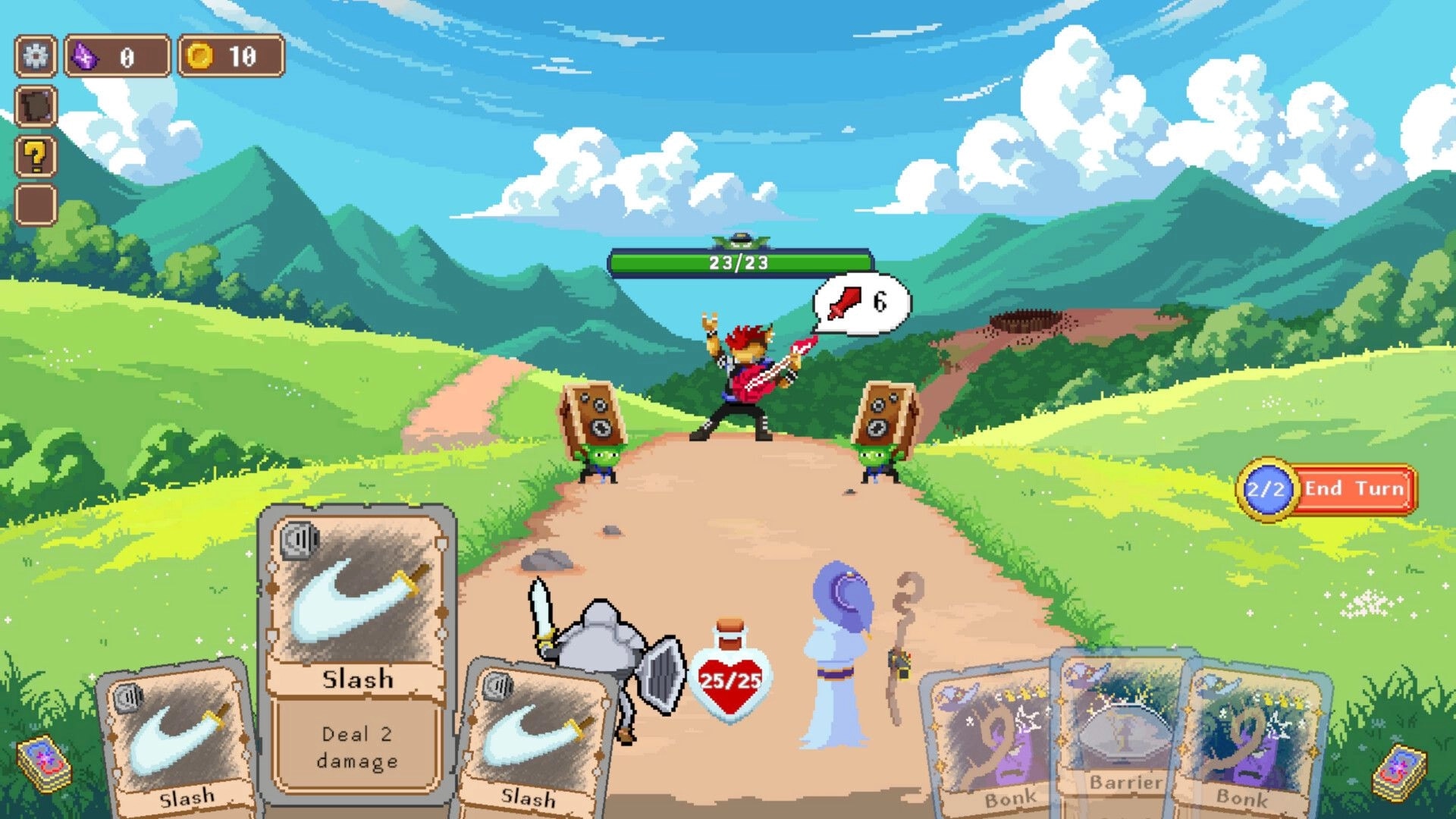 Duo Quest: Battle on a sunny path with hero cards against guitar-playing enemy and minion speakers.