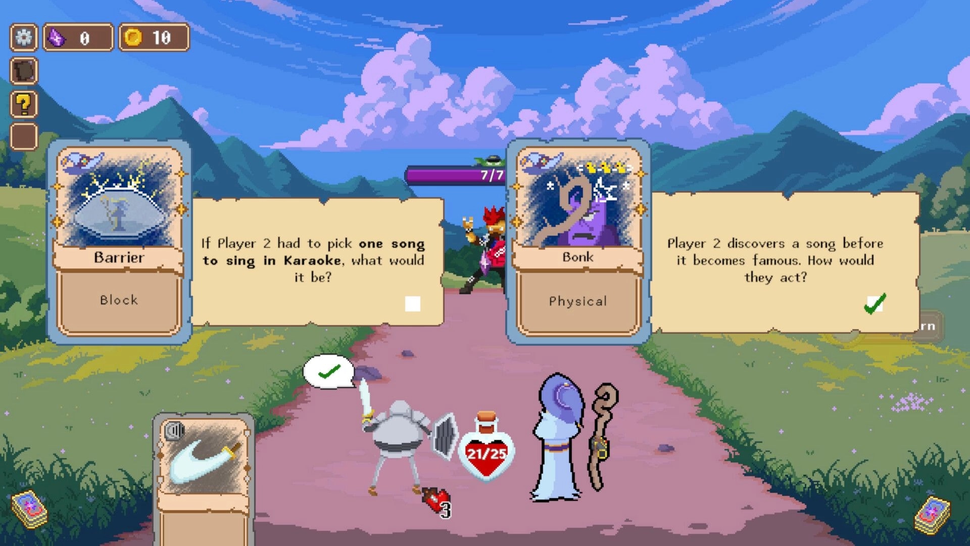 Duo Quest: Characters answer questions while preparing for battle in a vibrant, mountainous landscape