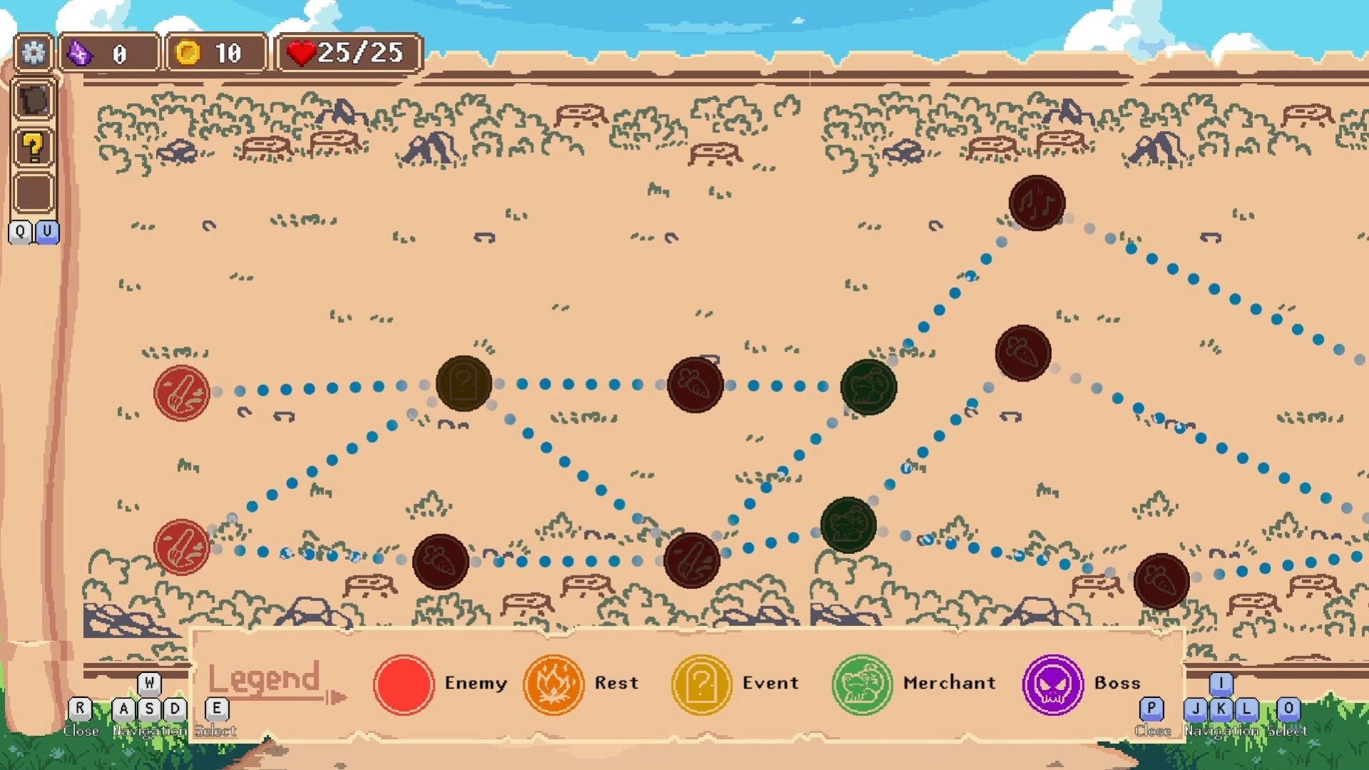 Duo Quest: Overworld map with path choices, health bar, and legend for events and encounters