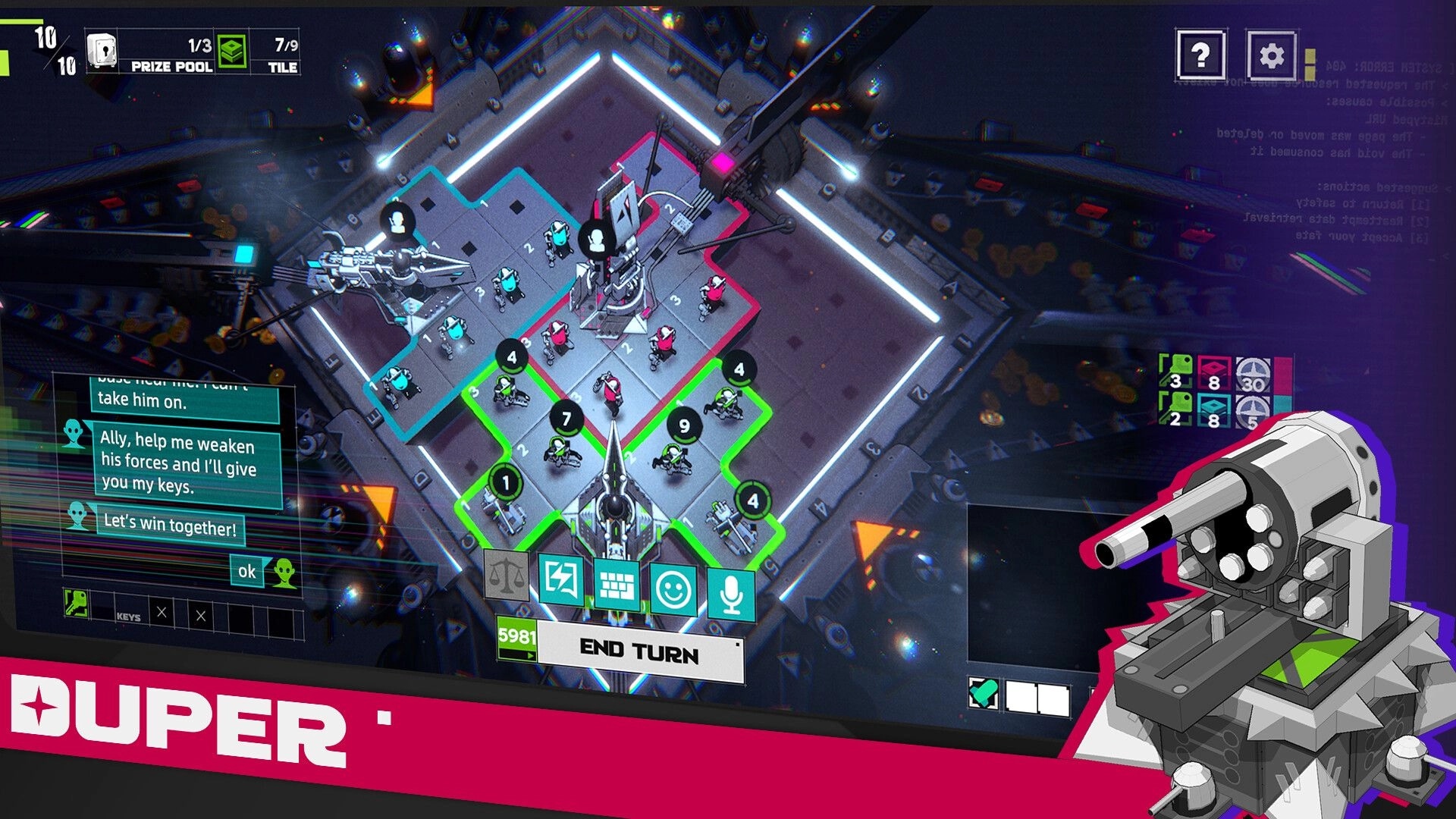 Duper: Top-down tactical board with blue and red units, chat panel and End Turn button in arena.