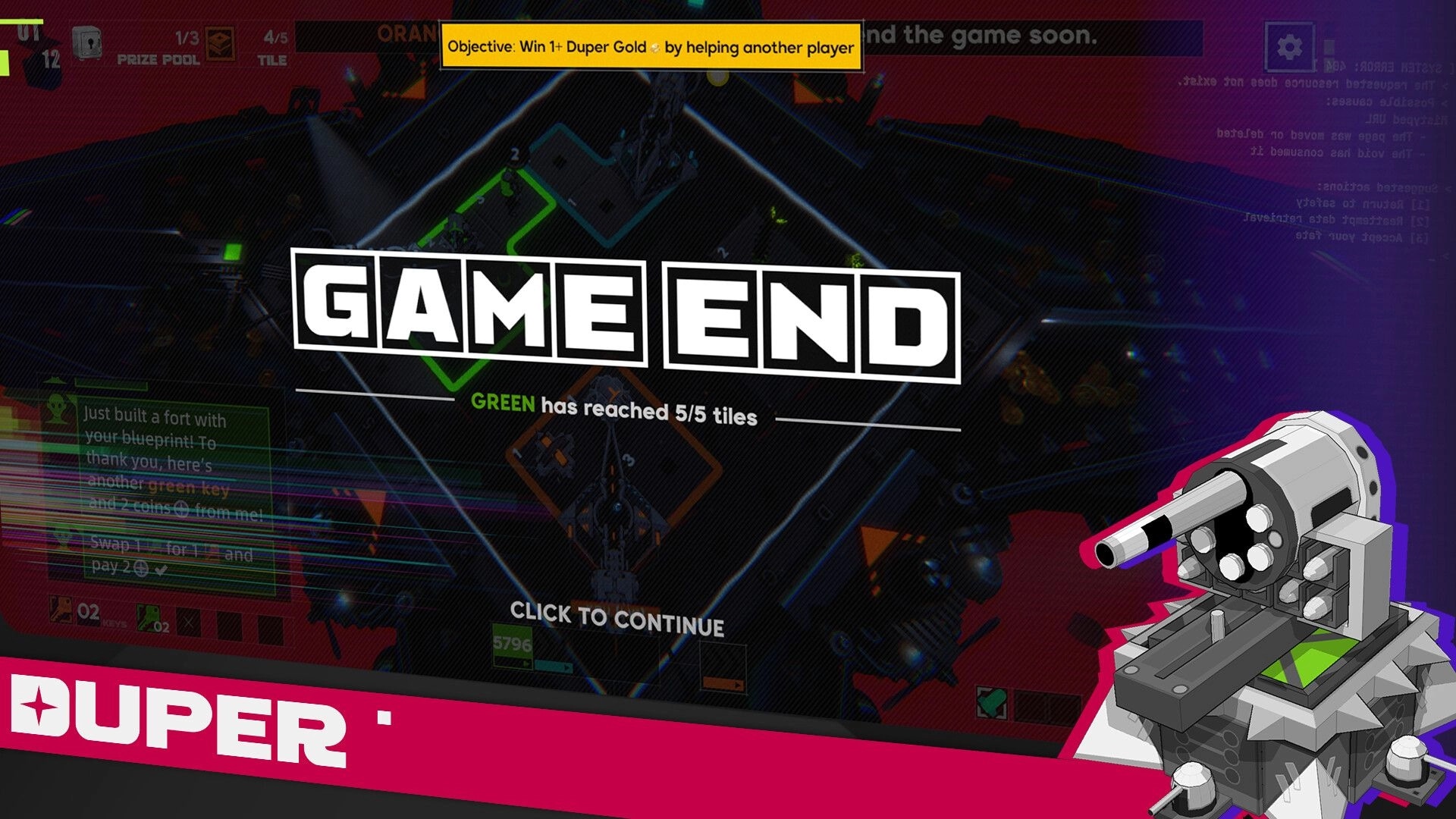 Duper: Game end screen declaring GREEN reached 5/5 tiles over a neon grid arena with UI chat.