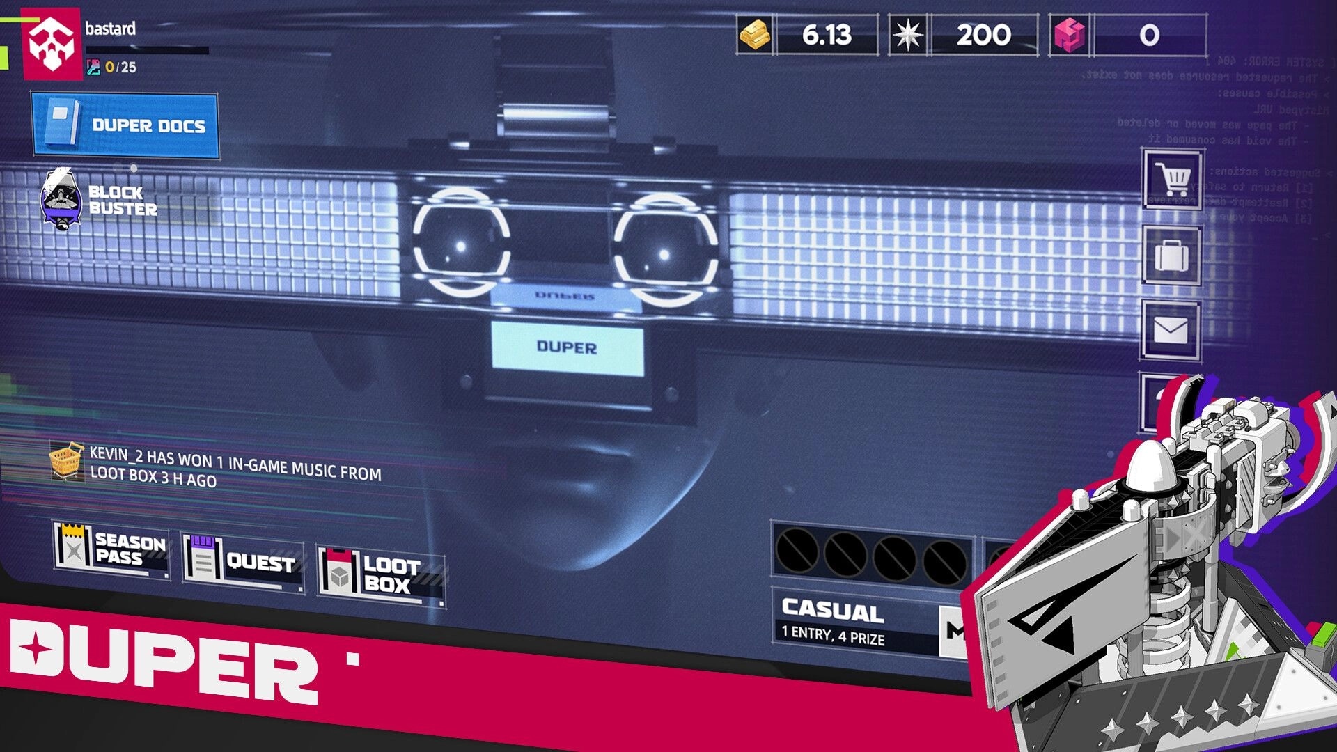 Duper: Main menu with Duper Docs and Block Buster tiles, currency bar, and casual mode panel.