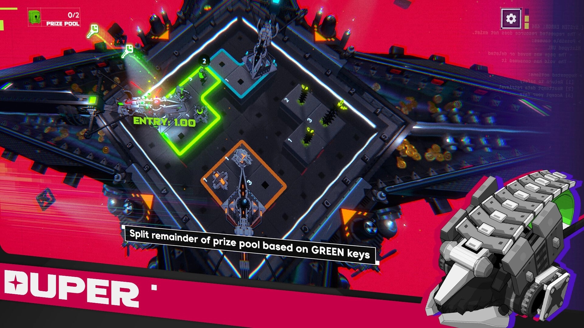 Duper: Prize pool arena with entry 1.00 zone, key icons and tooltip on neon space platform.