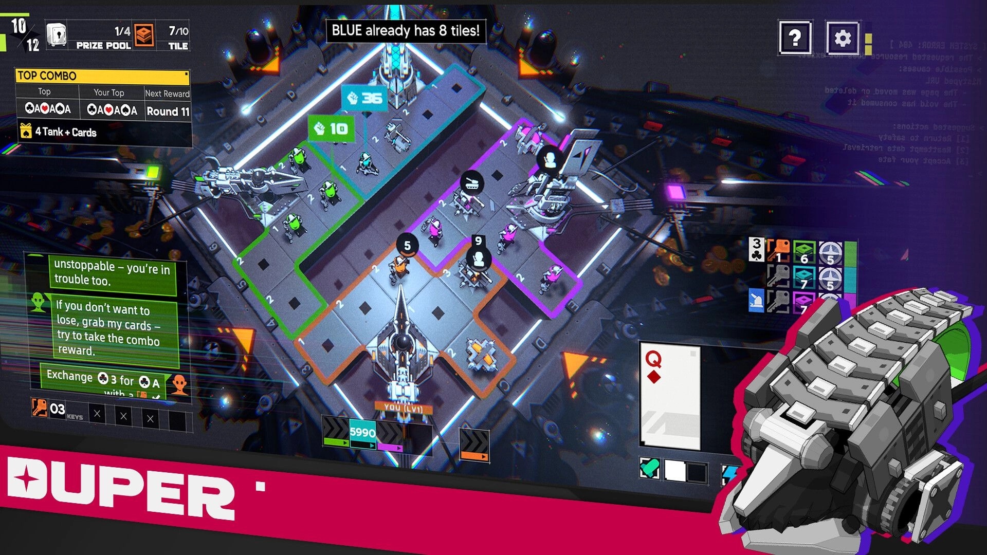 Duper: Color-coded territory board with units and card UI in a neon sci-fi arena map.