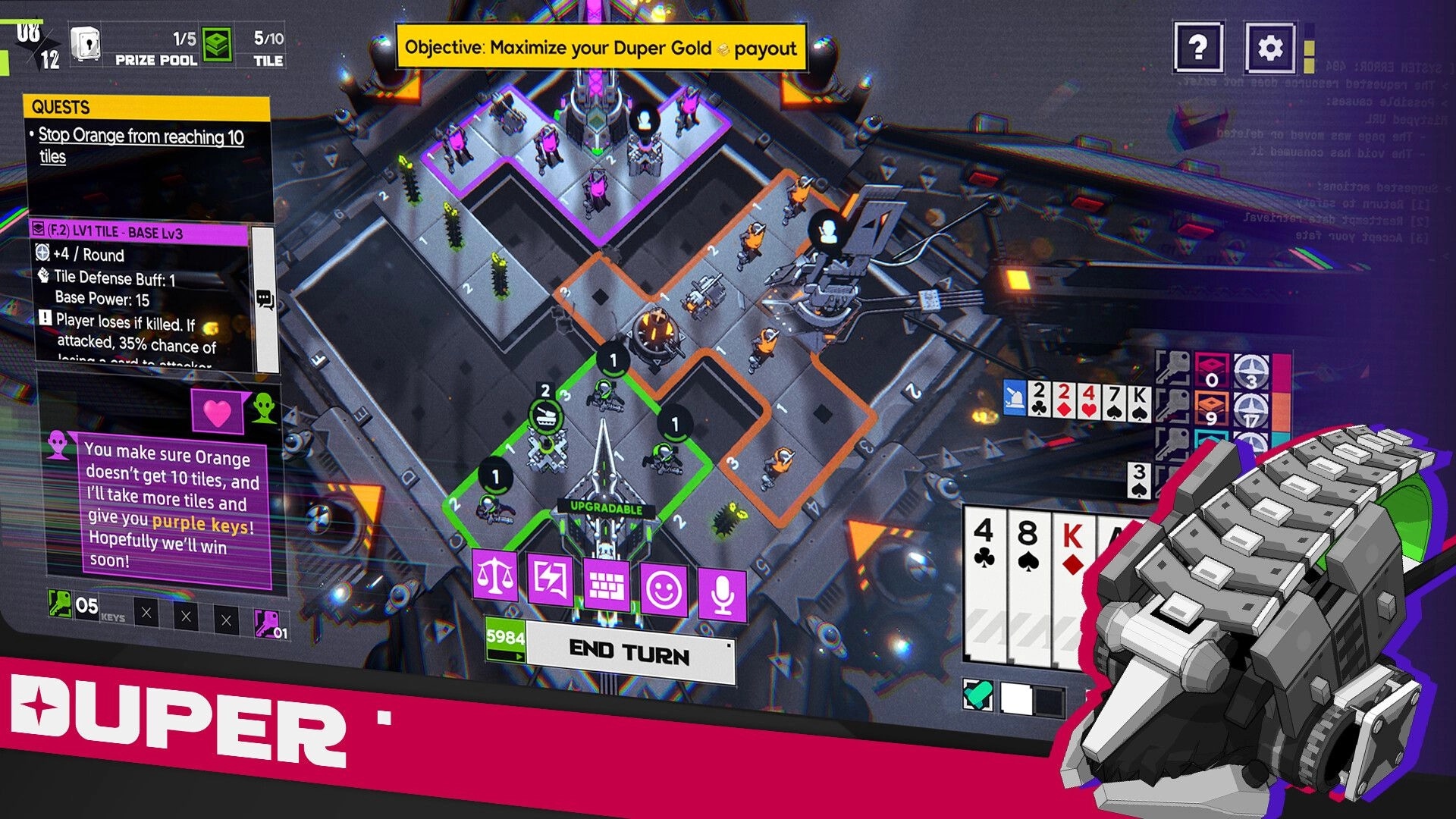 Duper: Isometric tile map with colored zones, quest panel, chat, card hand, and End Turn UI.