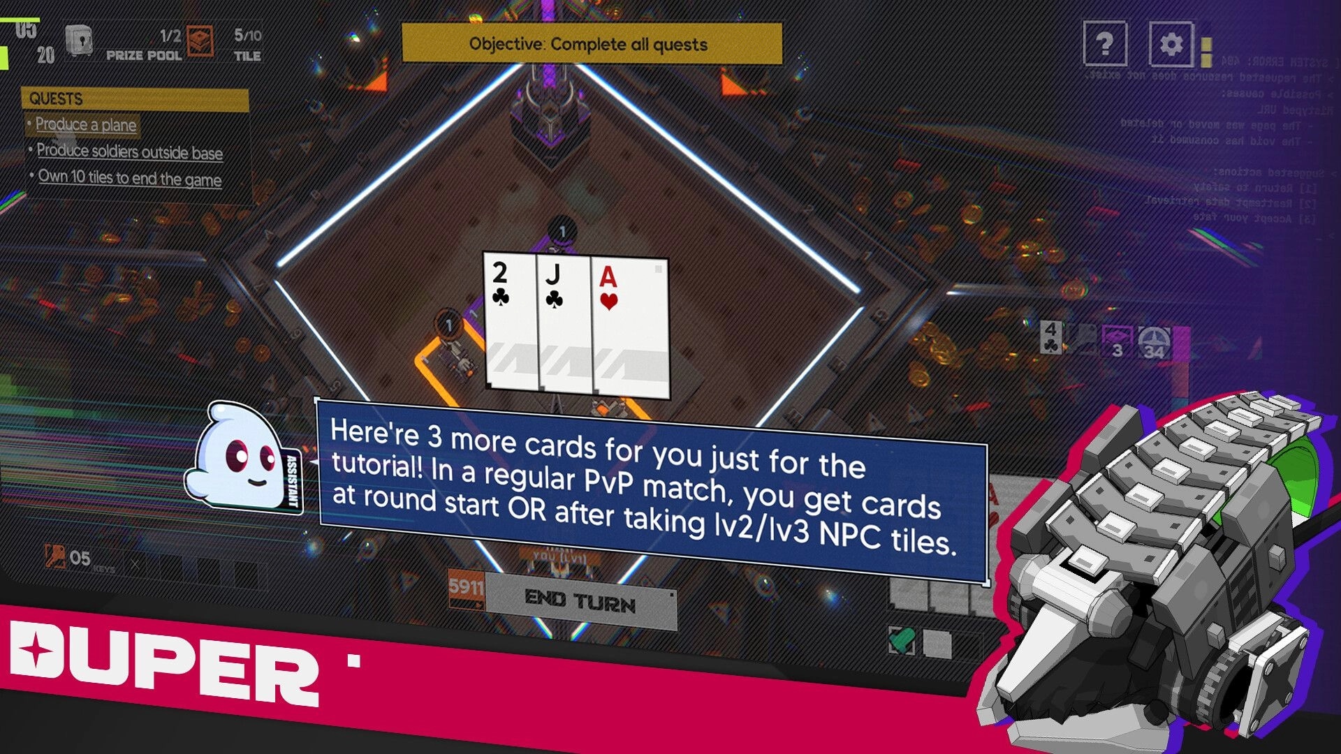 Duper: Tutorial pop-up explains bonus cards over a tile board, showing 2, J, A and quest list UI.
