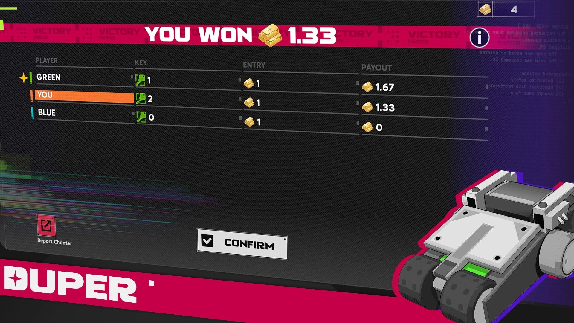 Duper: Victory results screen with YOU WON 1.33, player payouts list, and Confirm button UI panel.